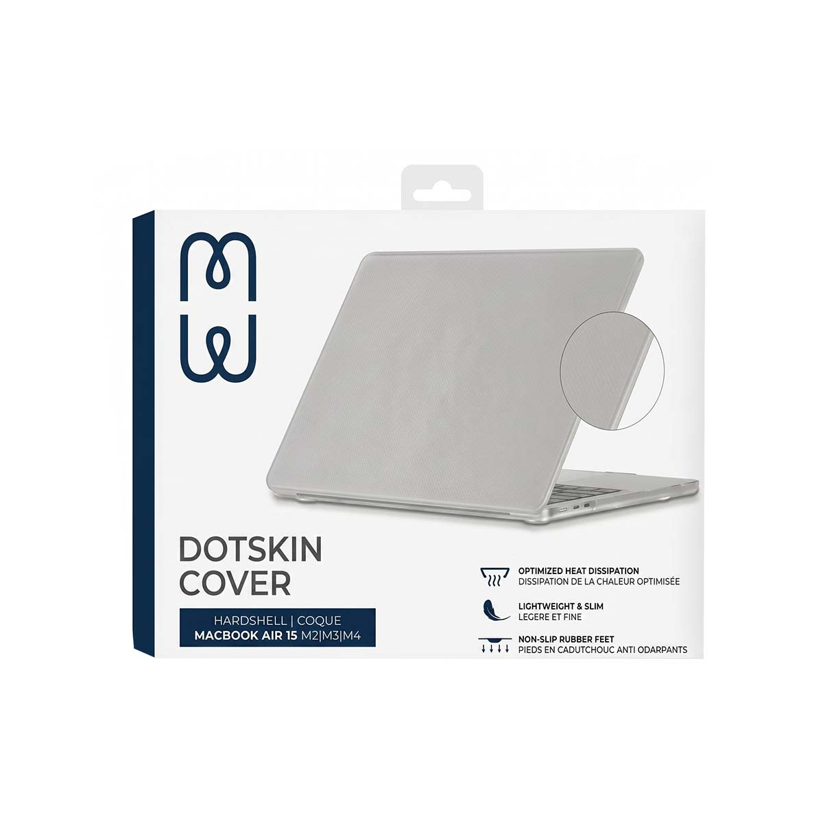 Transparente MacBook Air Hülle mit Text und Produktmerkmalen.