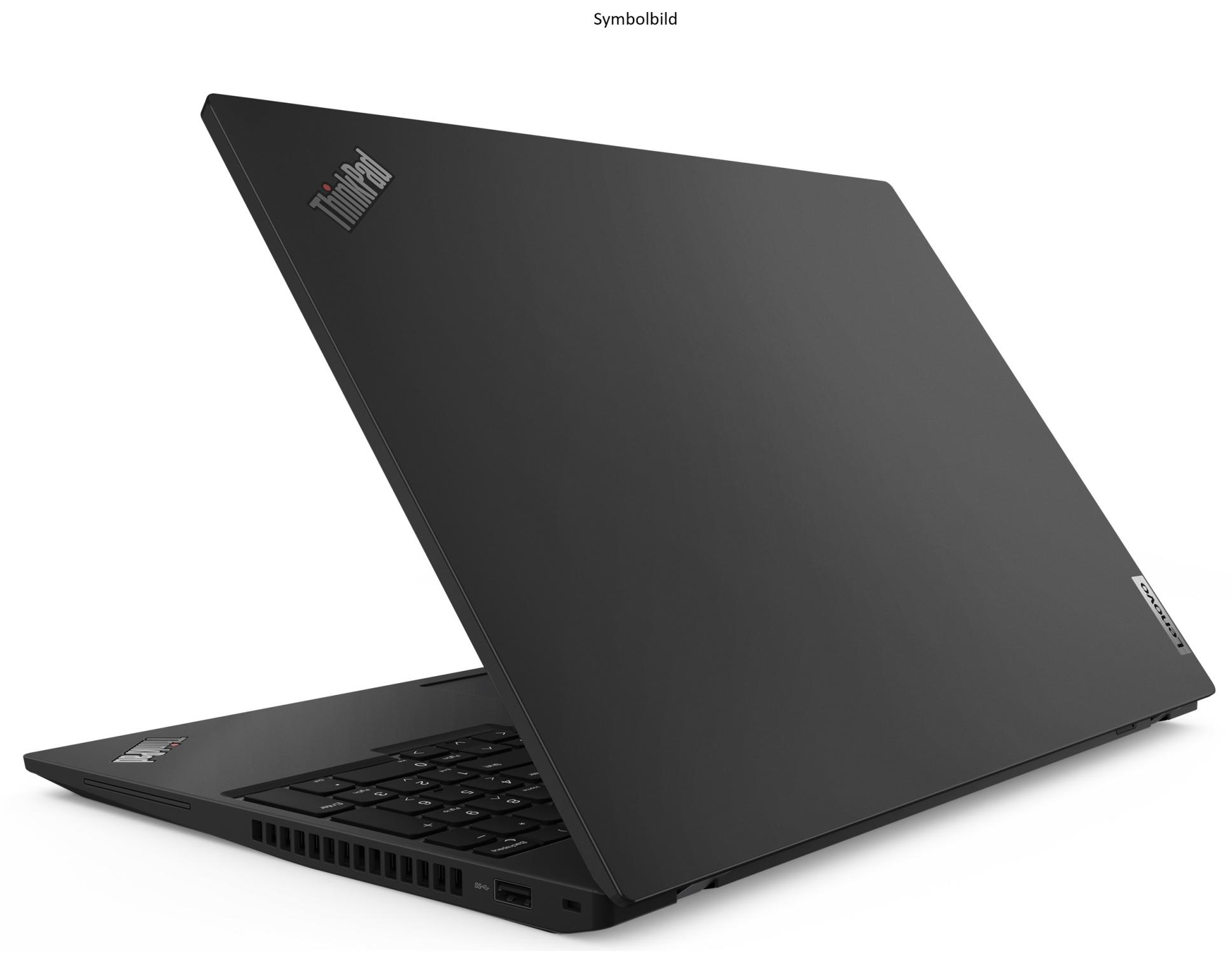 Schwarzer Laptop mit ThinkPad-Logo auf dem Deckel, Tastatur sichtbar.