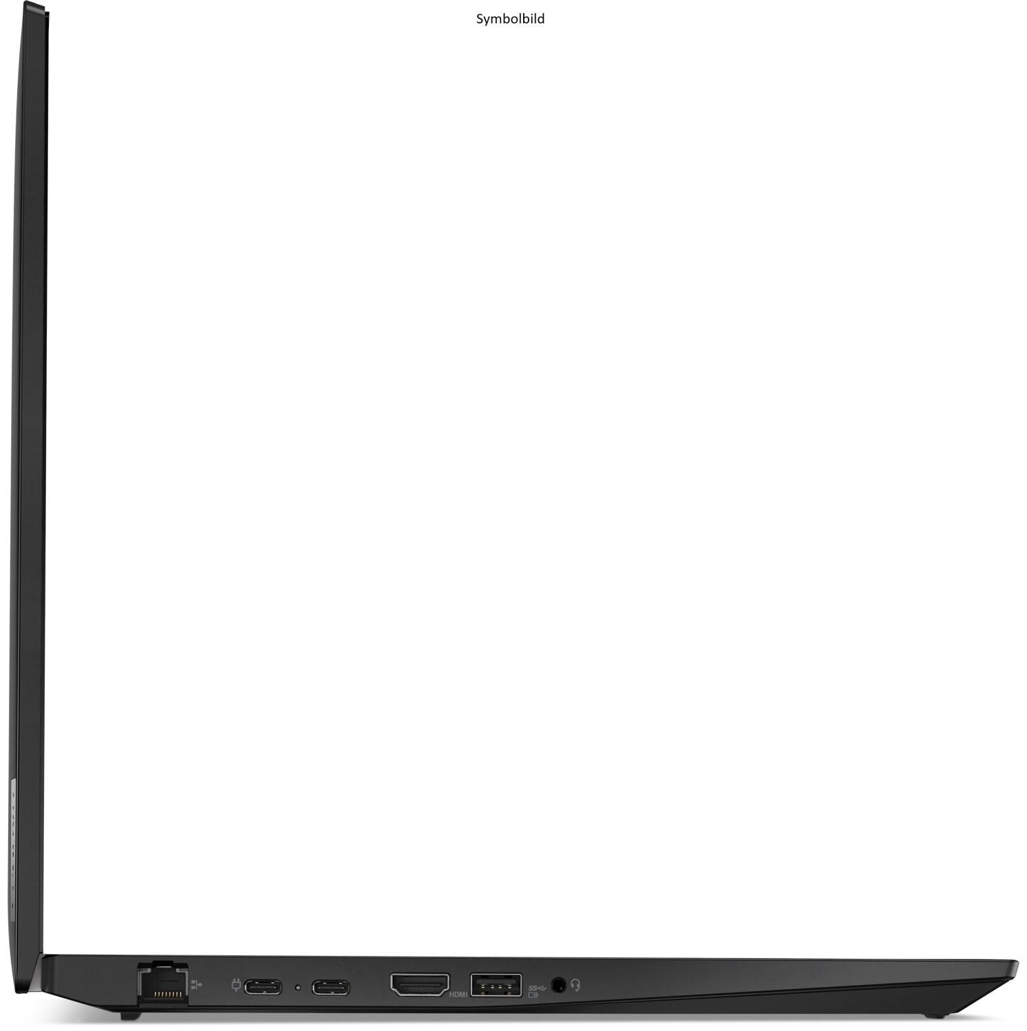 Seitenansicht eines schwarzen Laptops mit Anschlüssen: Ethernet, USB-C, HDMI, USB-A.