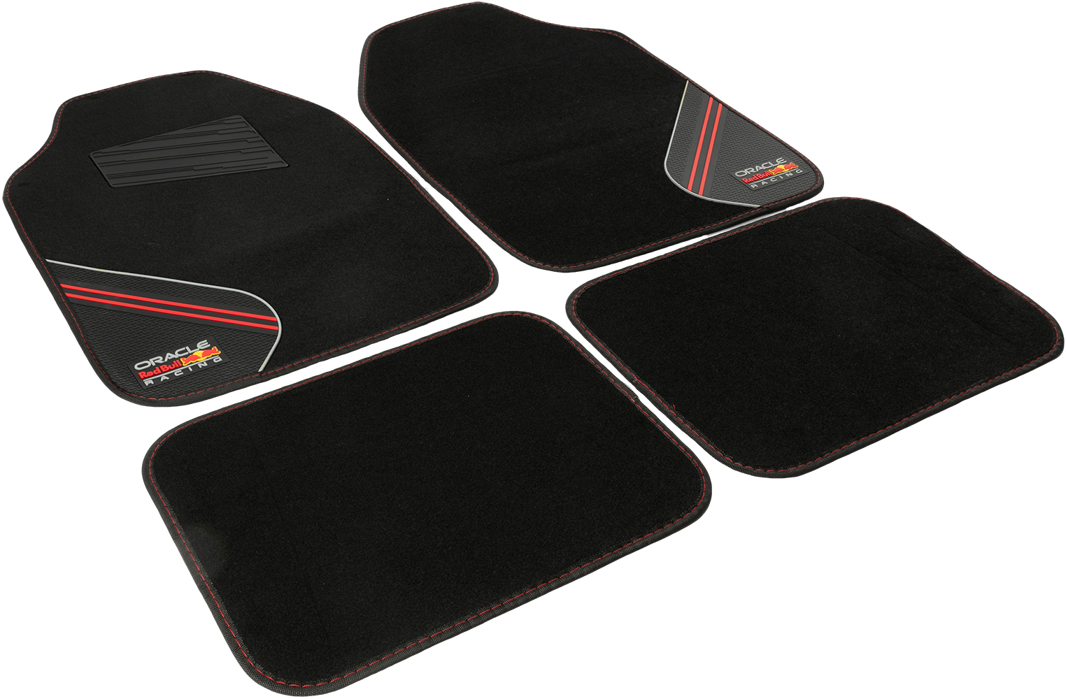Quattro tappetini neri con cuciture rosse, due con logo Oracle Red Bull Racing.