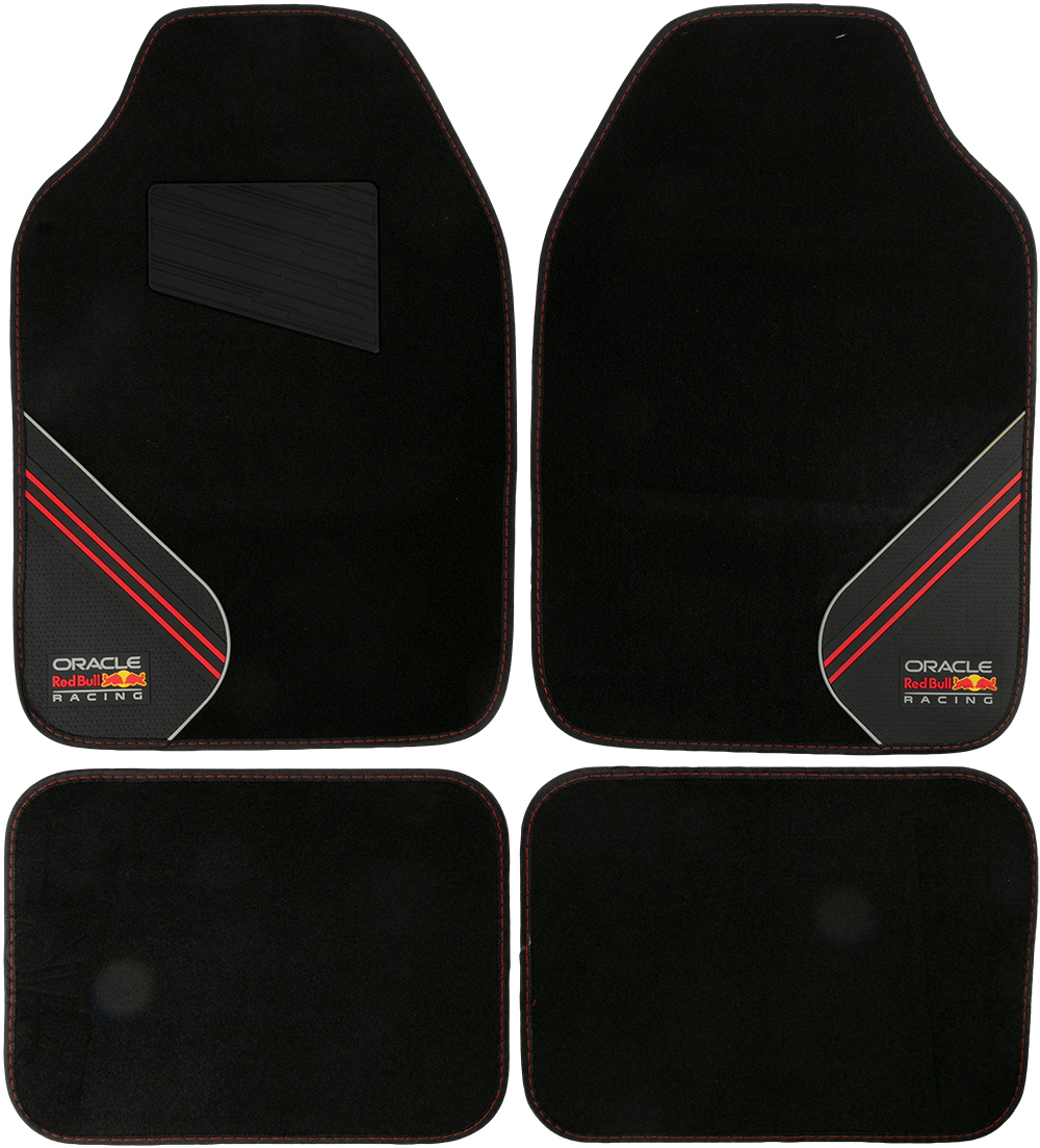Quattro tappetini neri con cuciture rosse, due con logo Oracle Red Bull Racing.