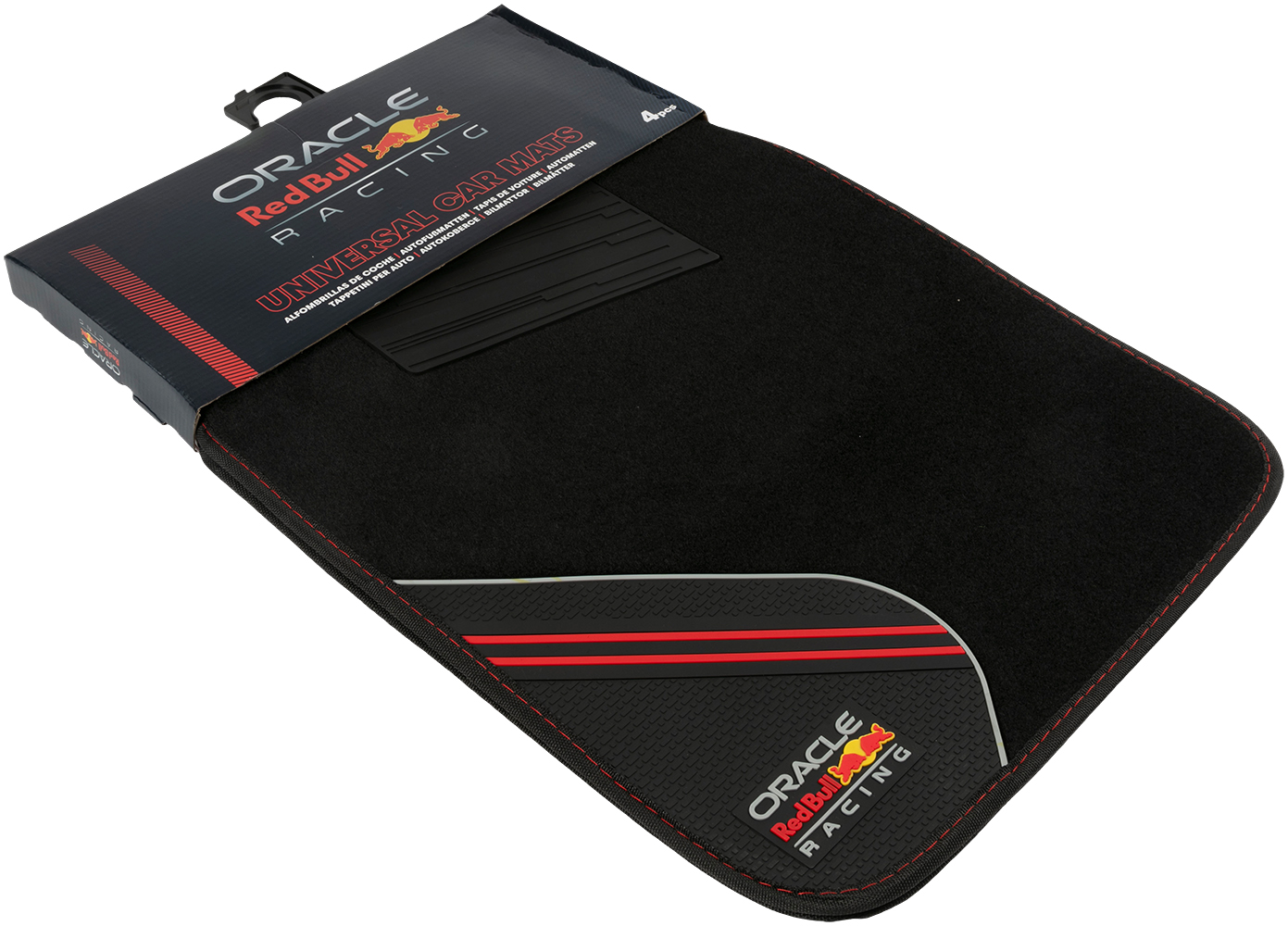 Tappetini neri Oracle Red Bull Racing con cuciture e loghi rossi.