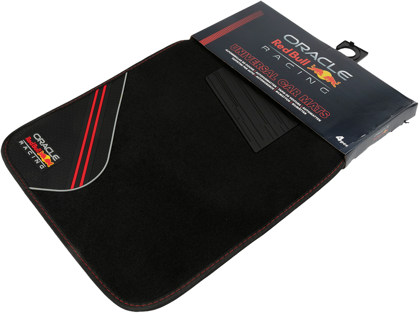 Tappetini neri Oracle Red Bull Racing in confezione con cuciture rosse.