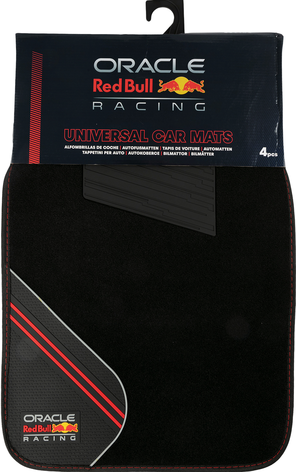 Tappetini auto neri con logo Oracle Red Bull Racing e strisce rosse.