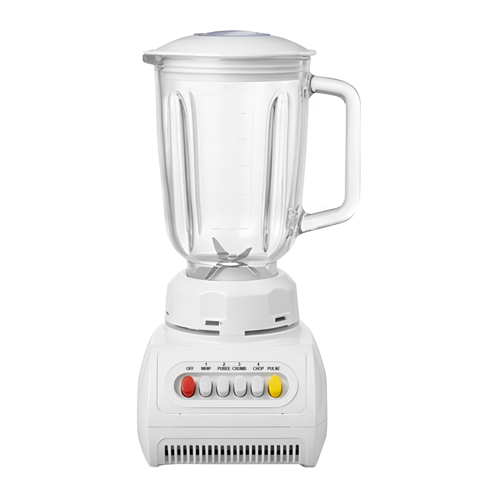 Ein weißer Mixer mit Glasbehälter und Bedienelementen.