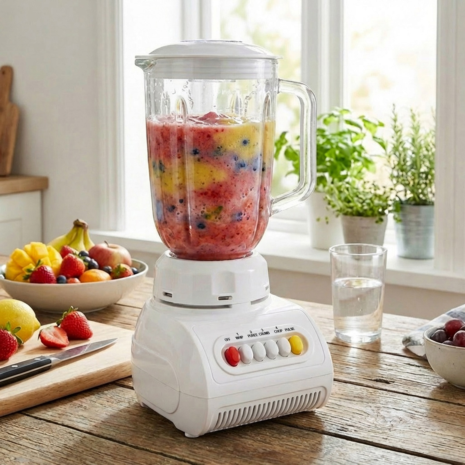 Ein weißer Mixer mit buntem Fruchtgetränk steht auf einem Holztisch. Obst ist daneben.