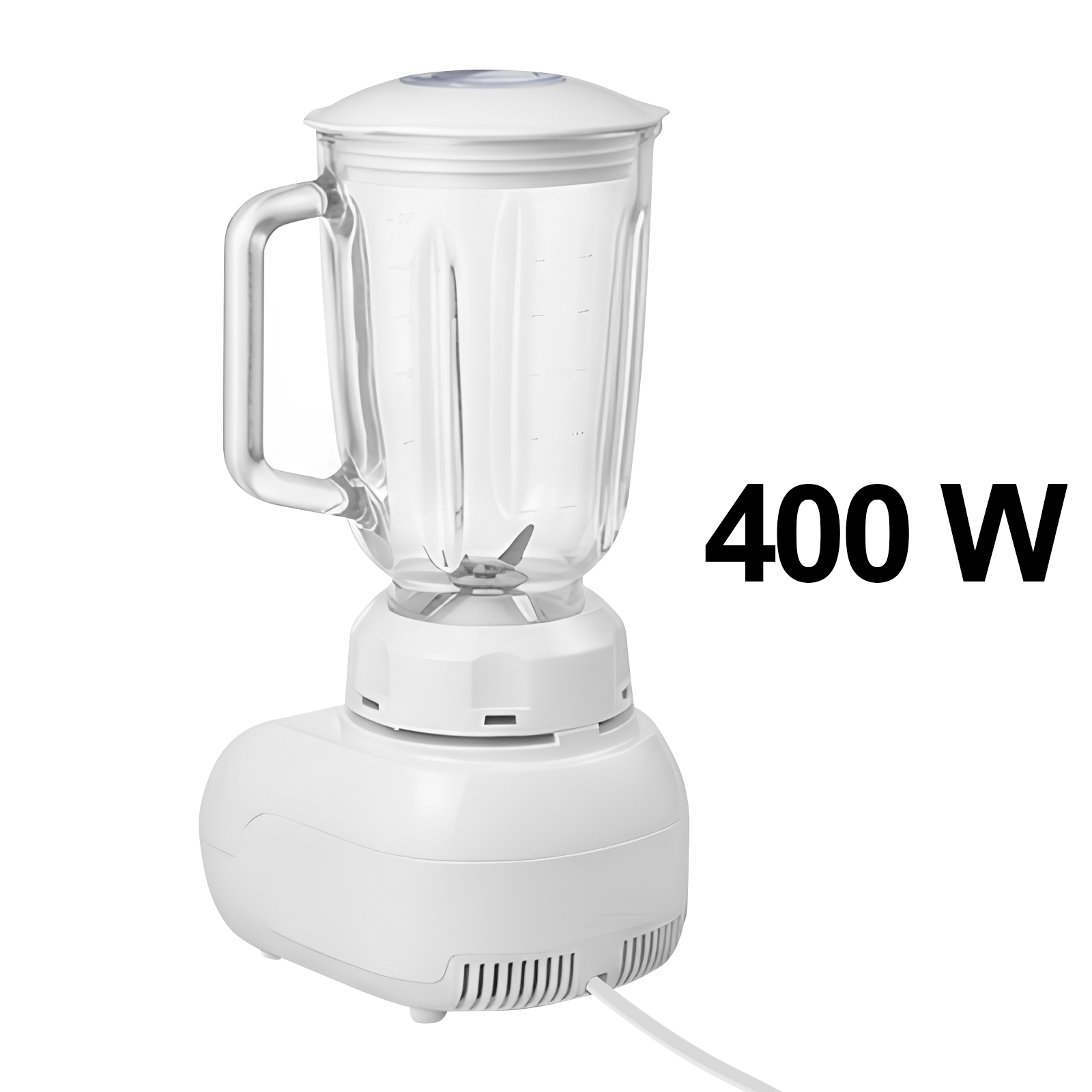 Ein weißer 400-W-Standmixer mit Glasbehälter und silbernen Klingen.