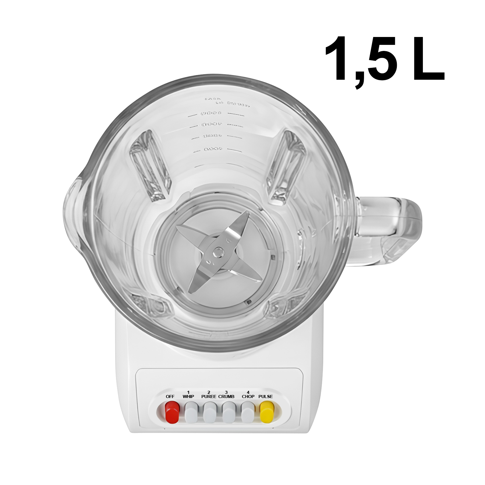 Weier Mixer mit Glasbehälter, 4 Klingen und Bedienknöpfen. 1,5 L Kapazität.