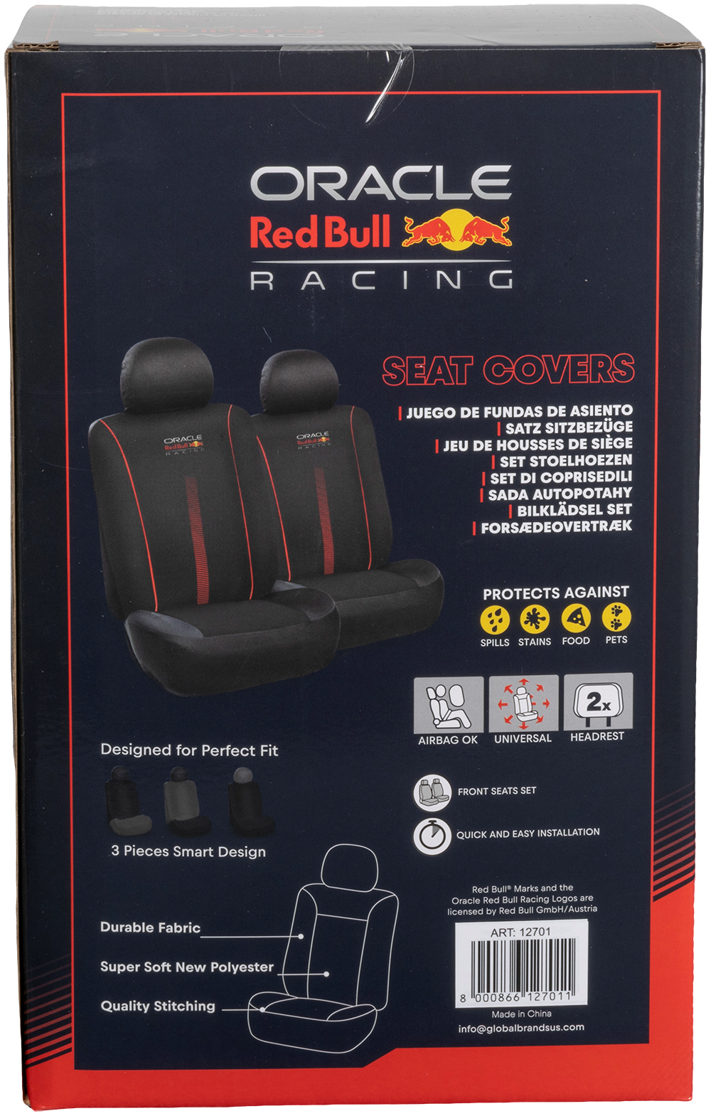 Confezione coprisedili Oracle Red Bull Racing, mostra due coprisedili neri.