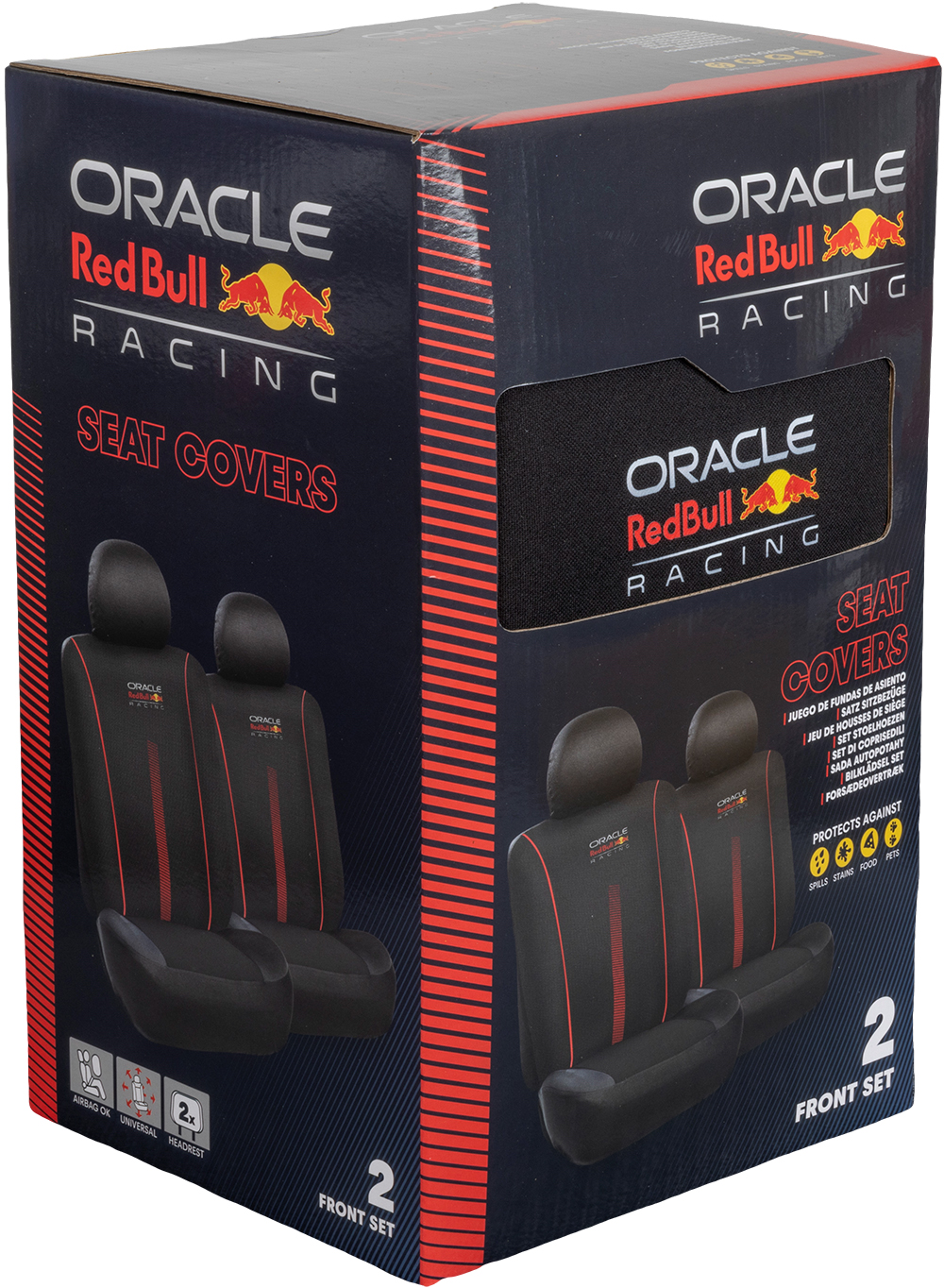 Confezione coprisedili Oracle Red Bull Racing, neri con accenti rossi.