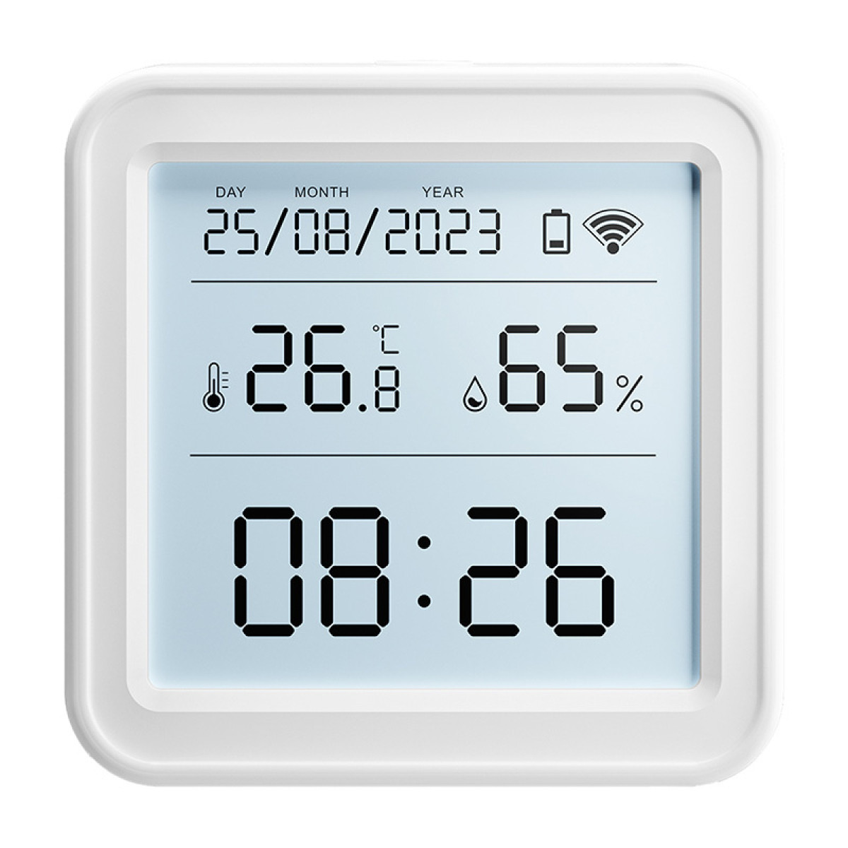 Zegar cyfrowy pokazuje datę 25/08/2023, 26.8°C, 65% wilgotności, godzinę 08:26.