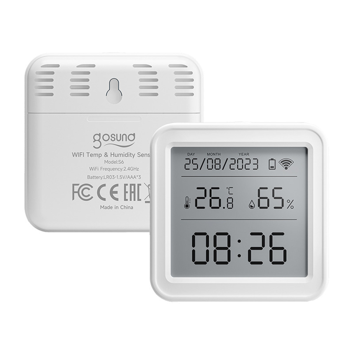 Biały czujnik WiFi temp i wilgotności z wyświetlaczem: 26.8C, 65% wilgotności, godz. 08:26.