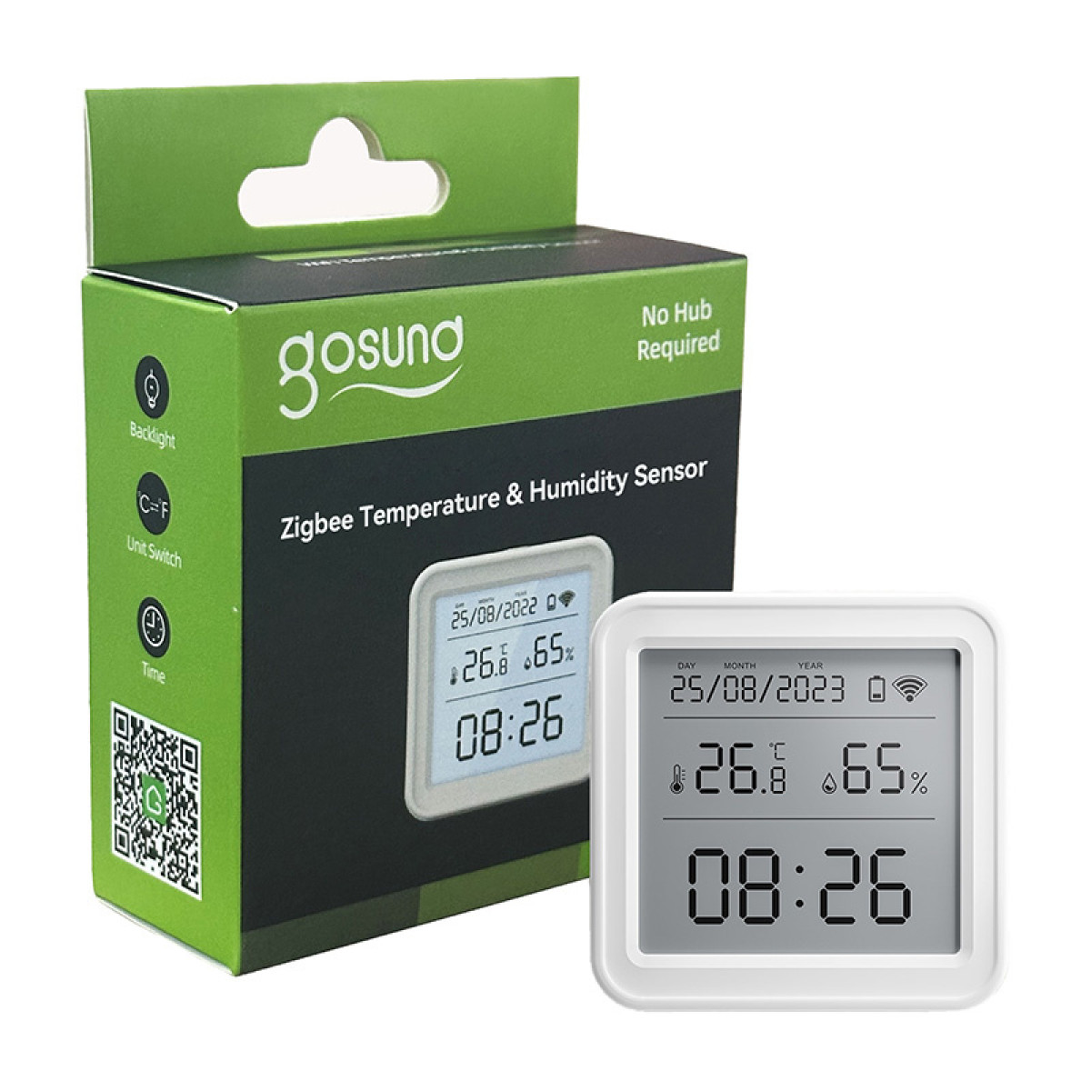 Czujnik temperatury i wilgotności Gosund z pudełkiem. Pokazuje datę, temp 26.6C, wilgotność 65%, czas 08:26.