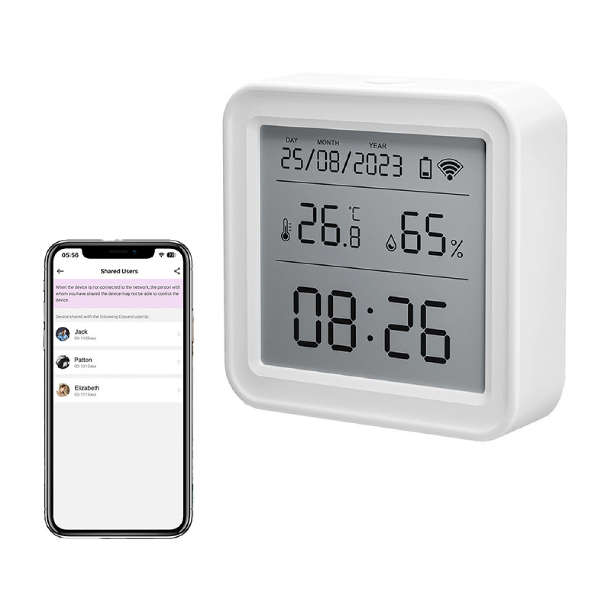 Biały termometr cyfrowy pokazuje 26,8°C i 65% wilgotności. Obok smartfon z aplikacją.