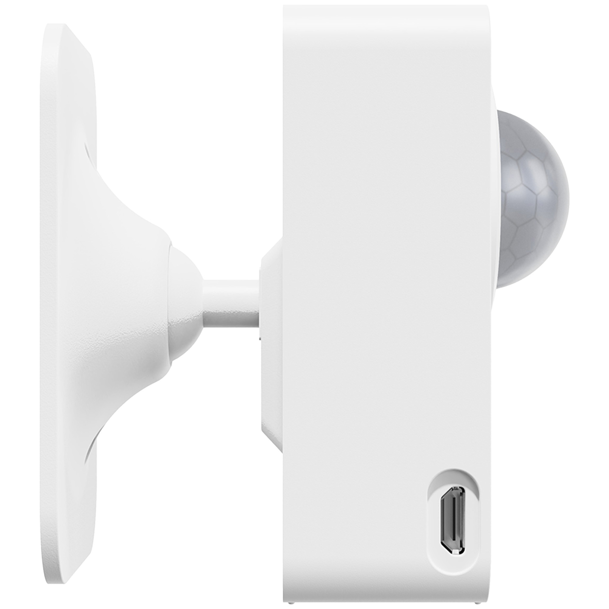 Biały czujnik ruchu z sześciokątną soczewką i portem USB, na białym tle.