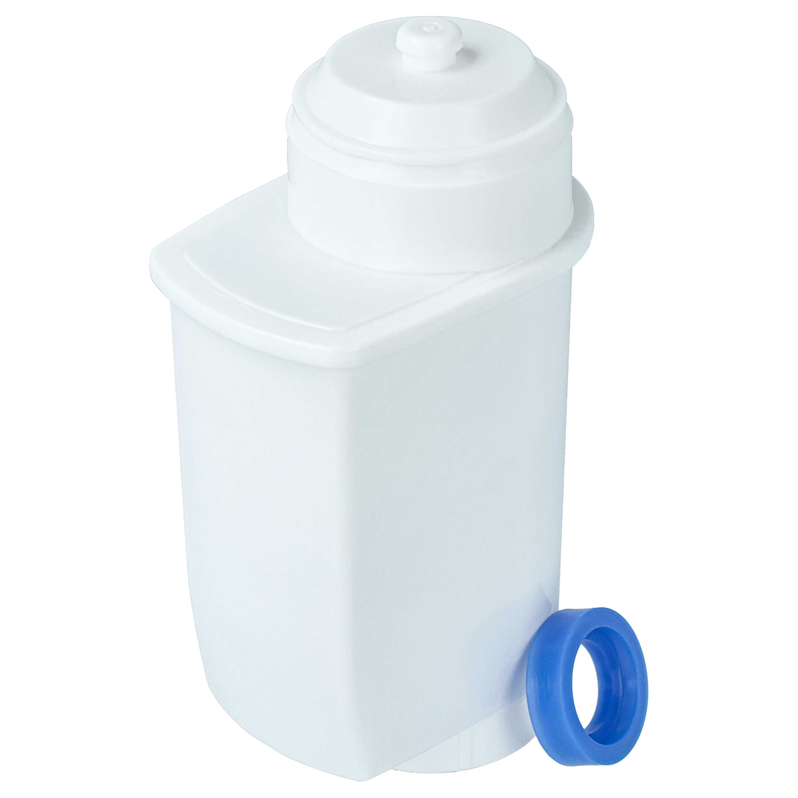 Ein weißer Wasserfilterbehälter mit blauem Dichtungsring, frontalansicht.
