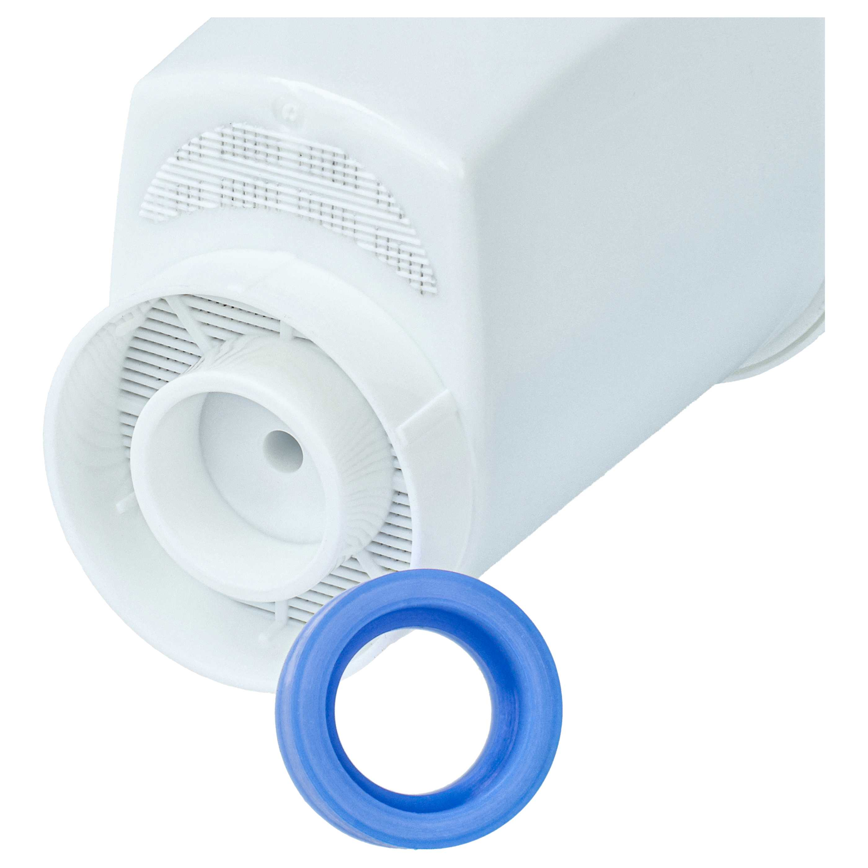 Ein weißer Wasserfilter mit einem blauen O-Ring davor.