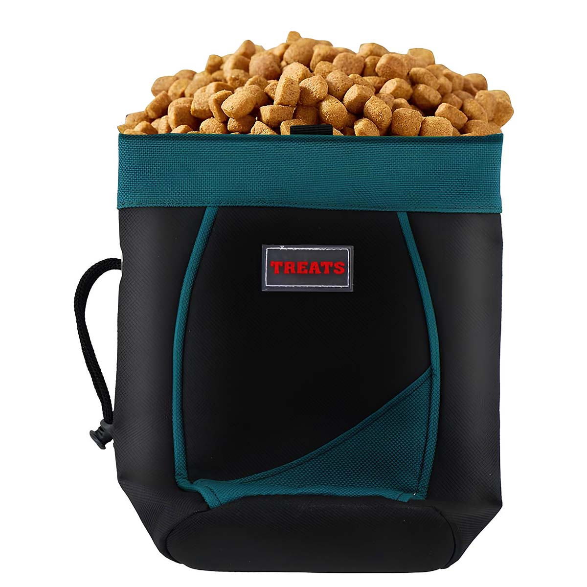 Borsa per snack nera e verde acqua, piena di crocchette per cani.