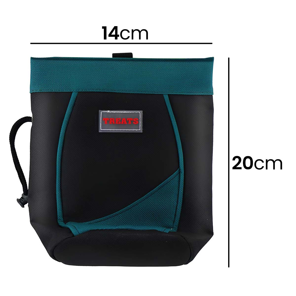 Borsa porta-premi nero e verde acqua con etichetta "TREATS", 14x20cm.