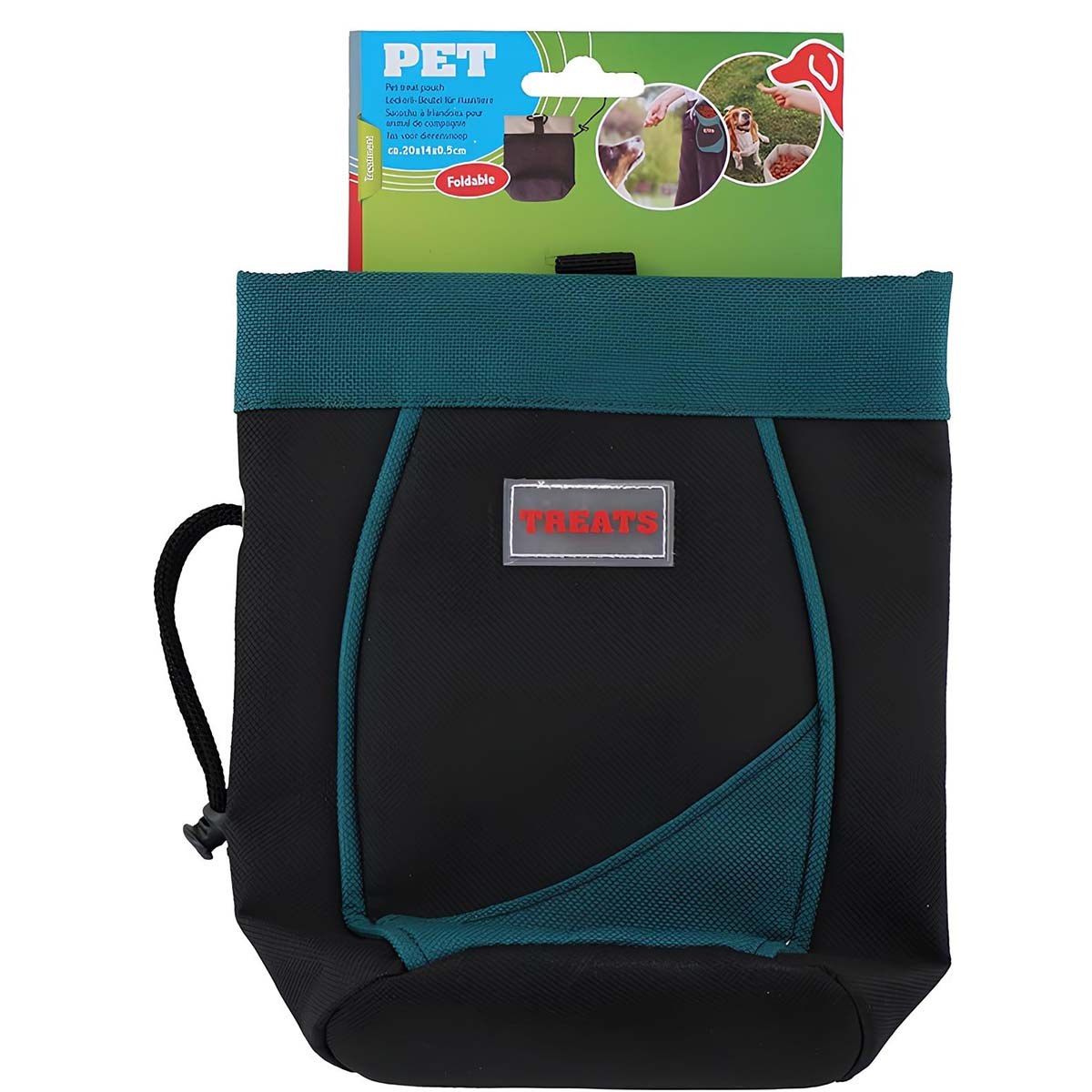 Marsupio nero e verde acqua PET per snack con etichetta 'TREATS'.