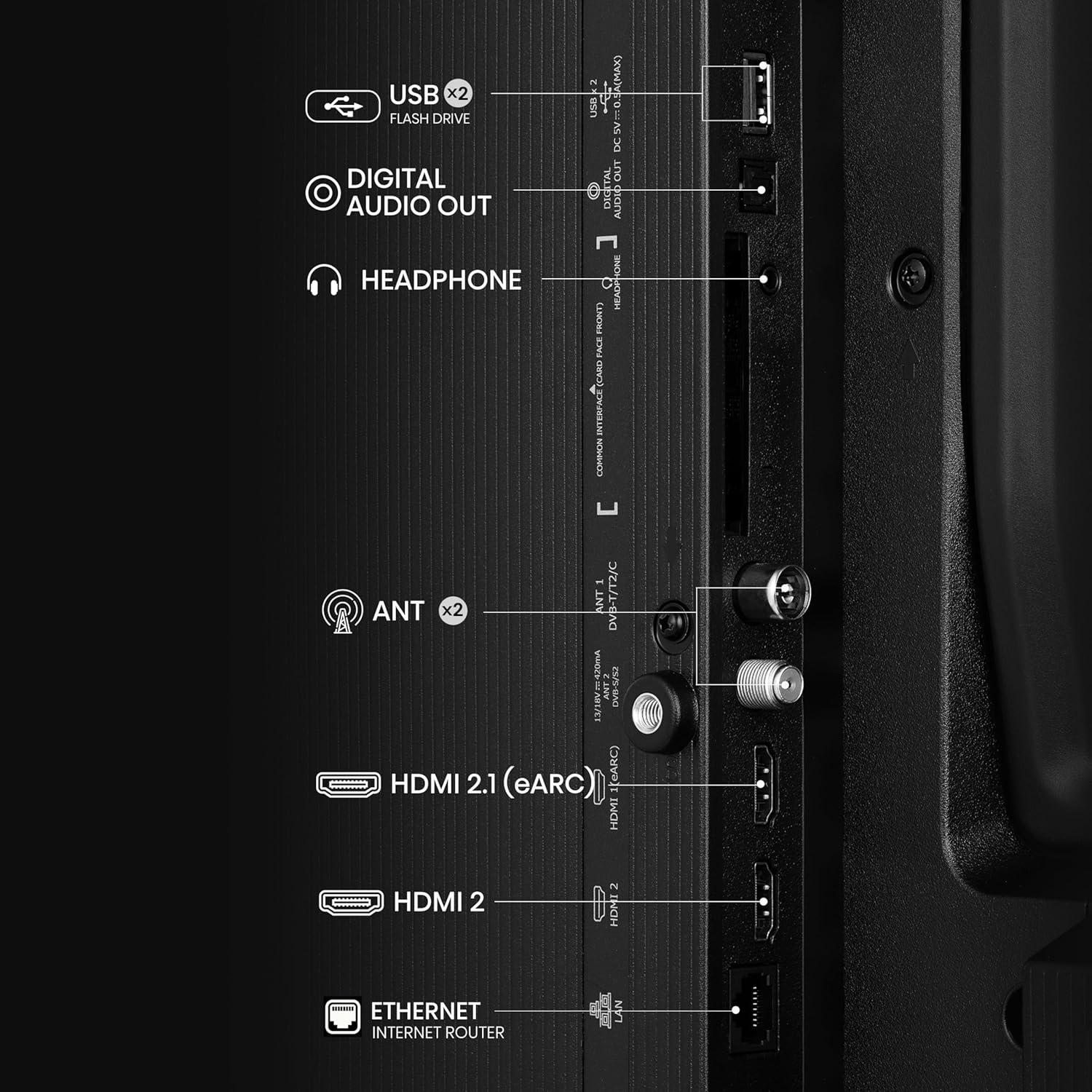 Retro di un TV con porte: USB, audio, cuffie, antenna, HDMI, Ethernet.
