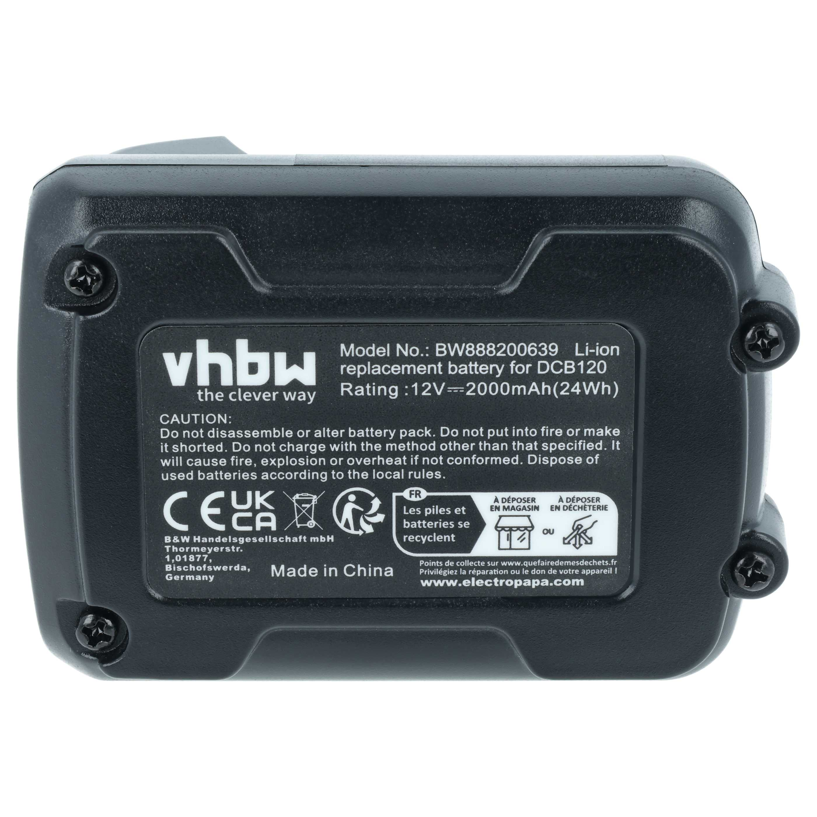 Schwarzer Li-Ion Akku für DCB120 mit 12V, 2000mAh. Beschriftung auf Deutsch und Französisch.