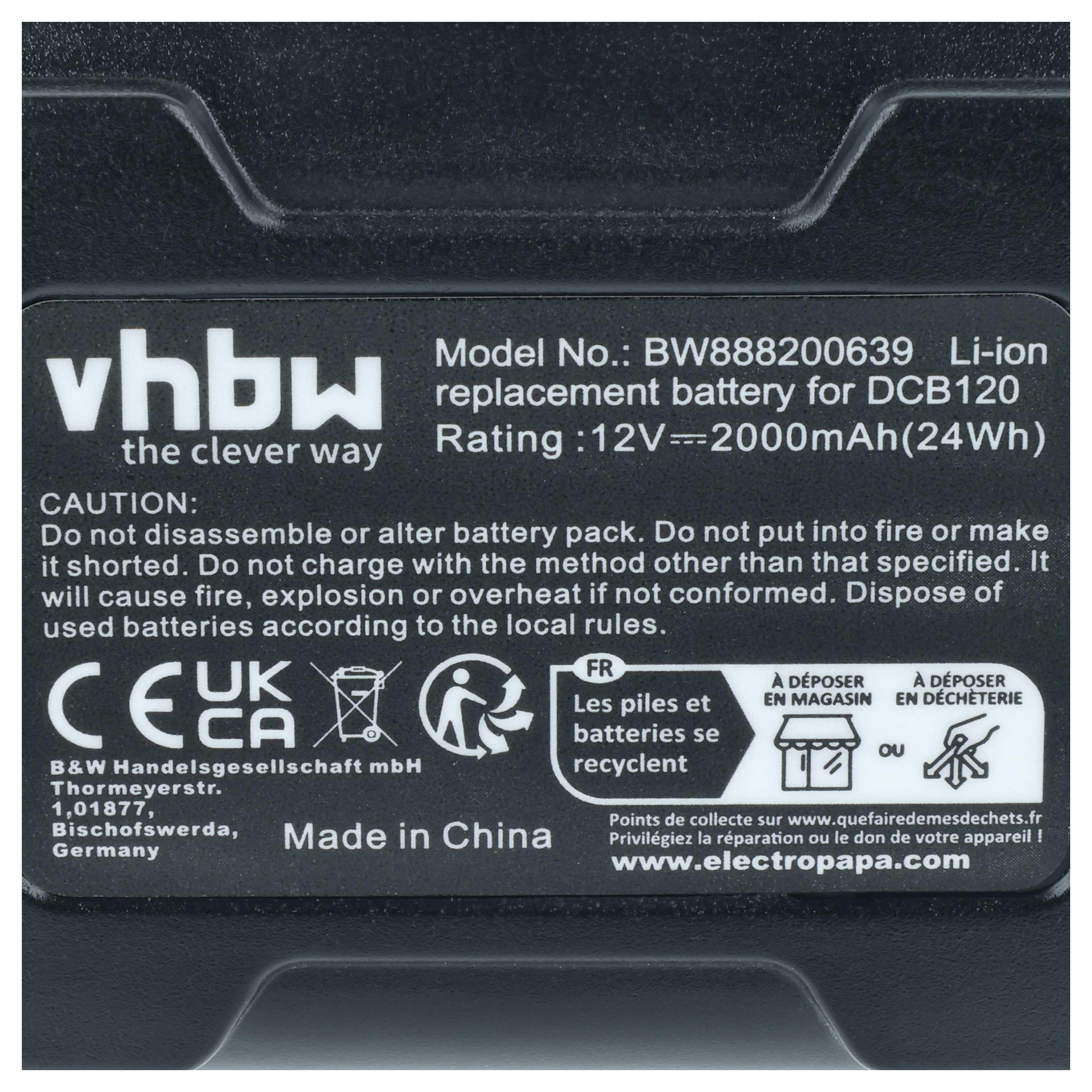 vhbw Li-Ion Ersatzakku DCB120, 12V, 2000mAh. Warnhinweise und Entsorgung.