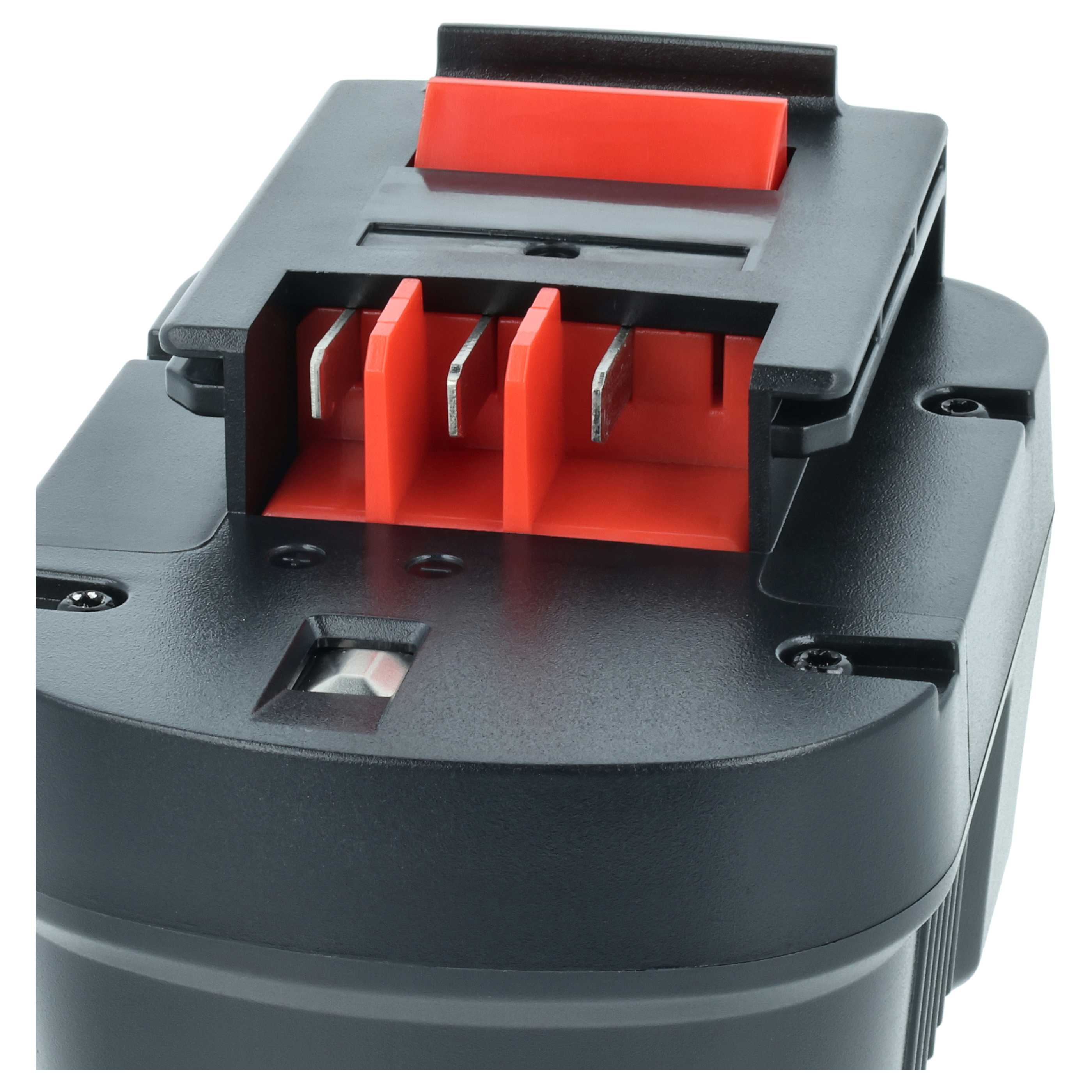 Nahaufnahme einer schwarzen Batterie mit roten Einsätzen und Metallkontakten.