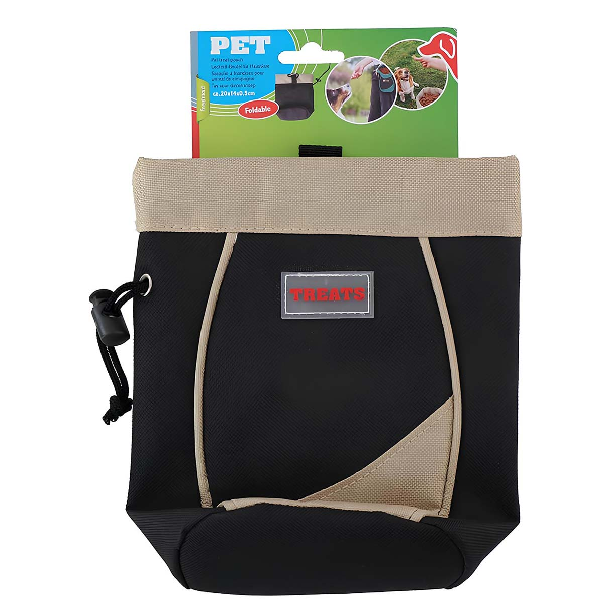Marsupio pieghevole per snack per animali, nero e beige, con etichetta "TREATS".