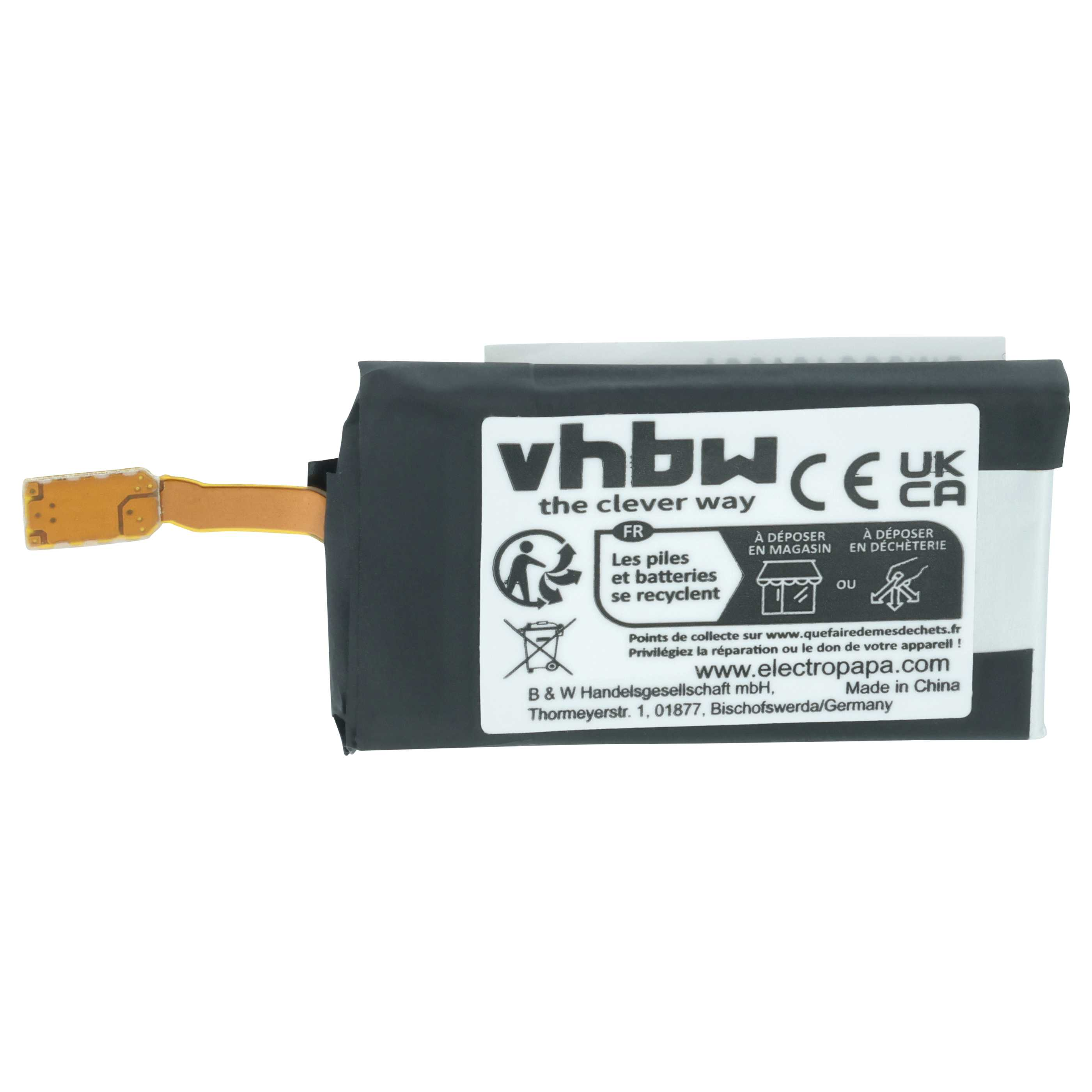 Ein schwarzer Akku mit vhbw-Logo, CE- und UKCA-Siegeln und Recycling-Symbolen.