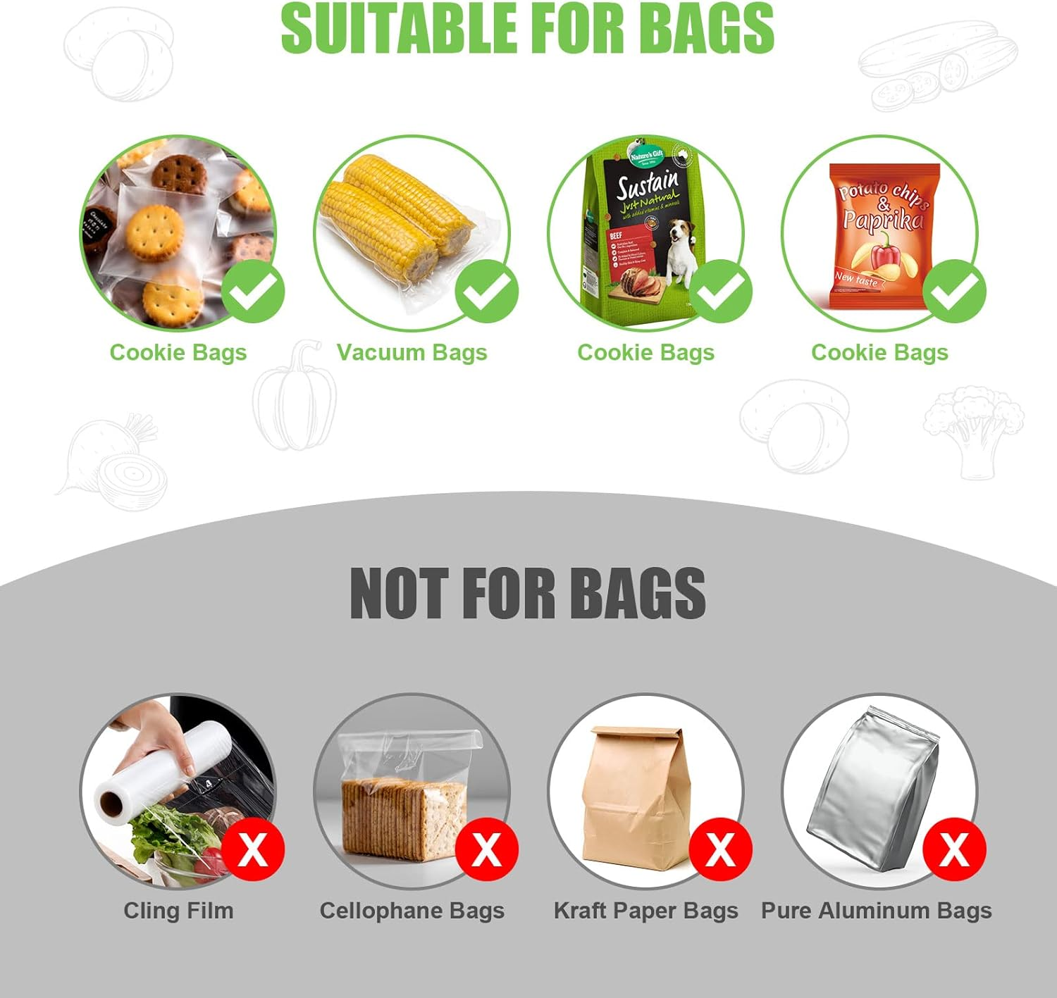 Geeignet für Taschen: Kekse, vakuumverpackter Mais, Hundefutter, Paprikachips. Nicht für Taschen: Frischhaltefolie, Zellophan, Kraftpapier, Aluminium.