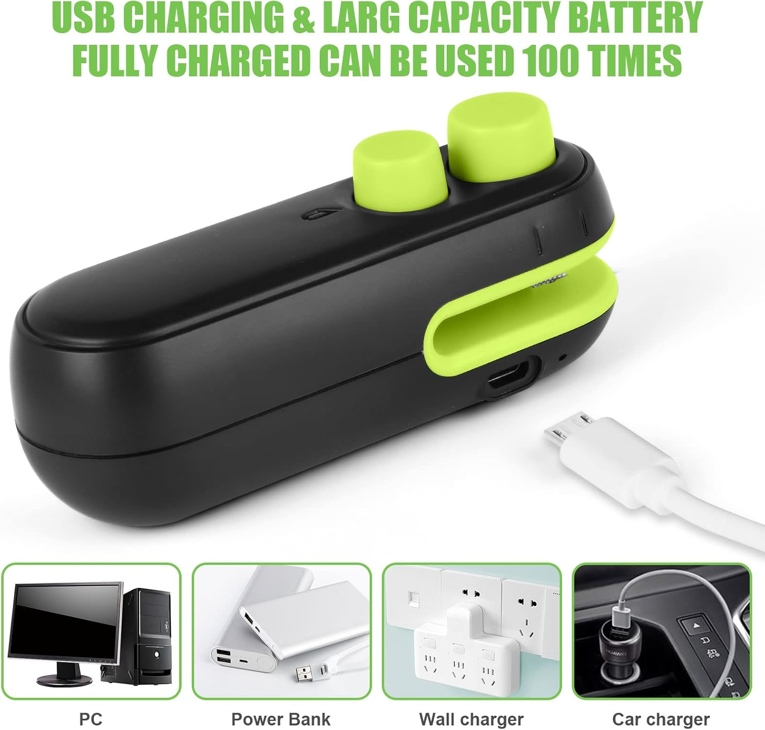 Schwarzer USB-Sealer mit grünen Knöpfen, Ladekabel und Ladeoptionen.