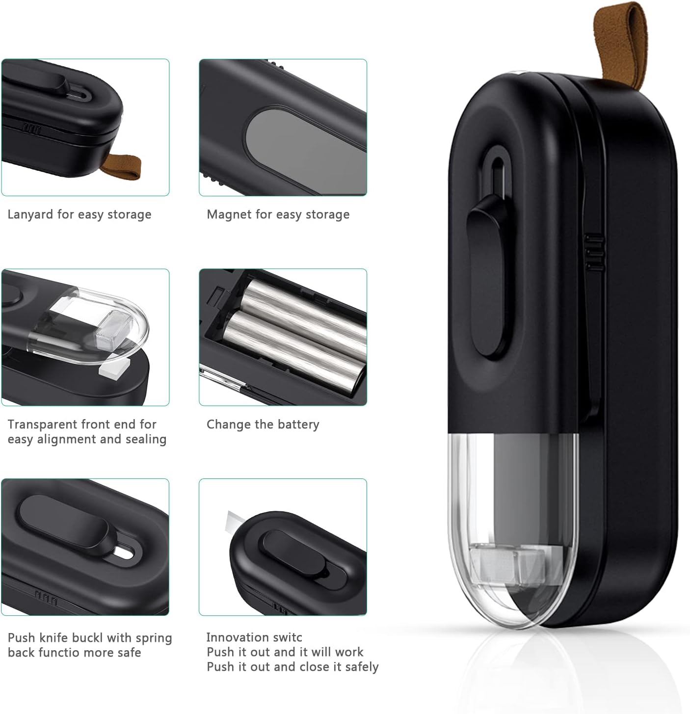 Schwarzer tragbarer Beutelversiegler mit Lanyard, Magnet, transparenter Vorderseite und Batteriefach.