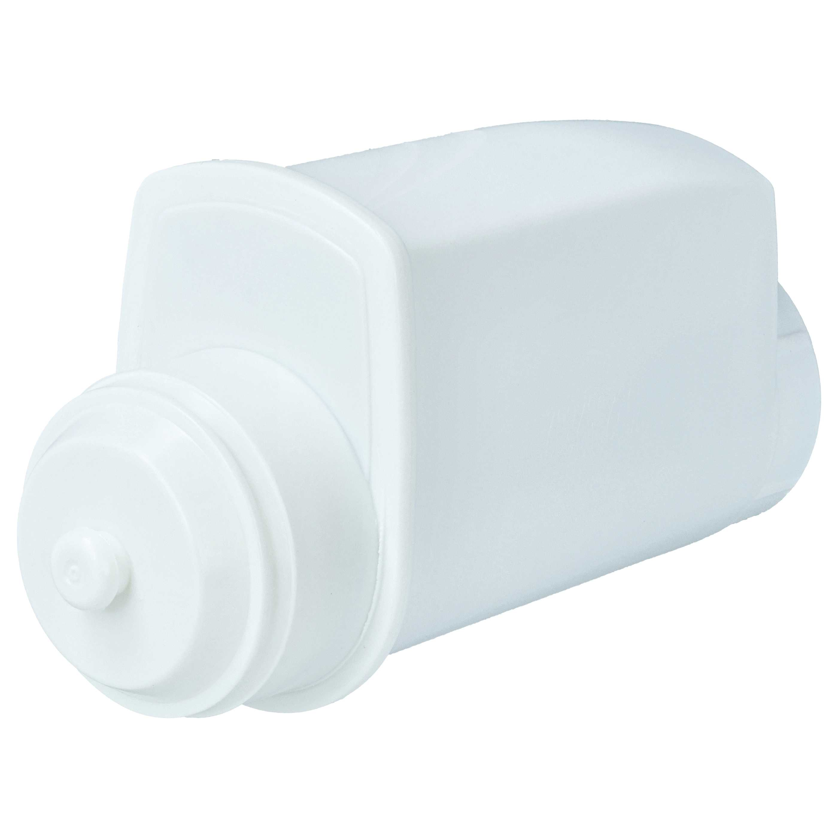 Ein weißer, rechteckiger Wasserfilter mit einem zylindrischen Ende.