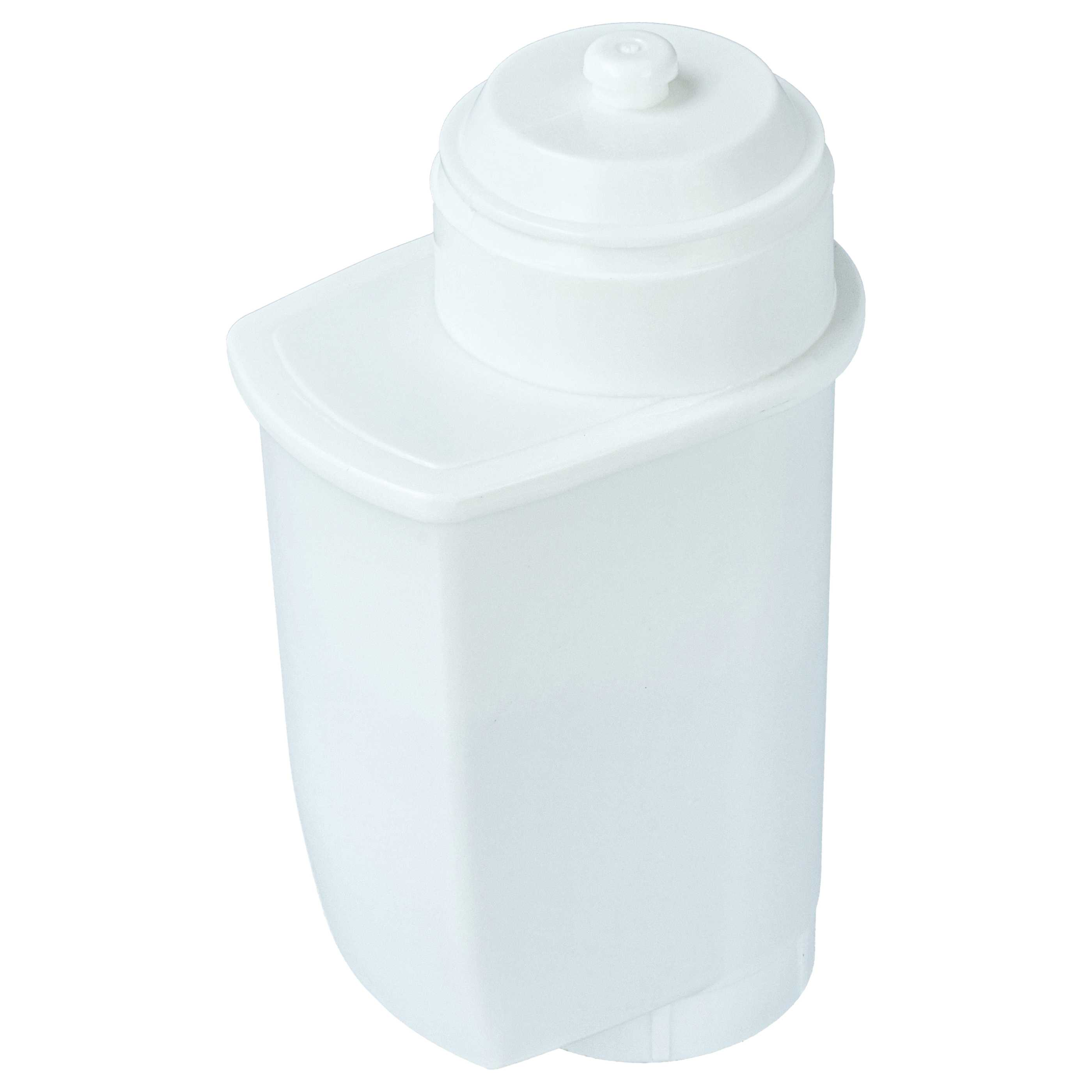 Ein weißer Wasserfilter mit einem abgerundeten Deckel und einem Knopf.