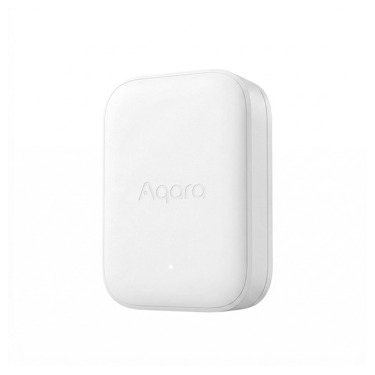 Ein weißes Aqara Smart-Home-Gerät mit einer kleinen LED-Leuchte ist abgebildet.