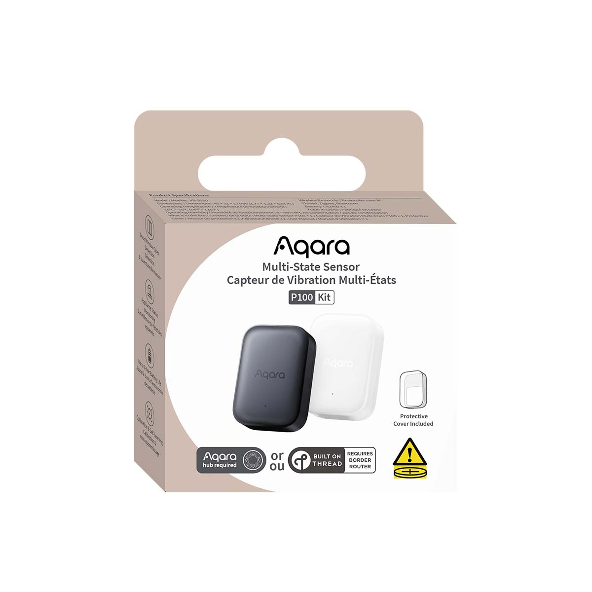 Die Aqara P100 Kit Box zeigt zwei Multi-State-Sensoren, einen schwarzen und einen weißen.