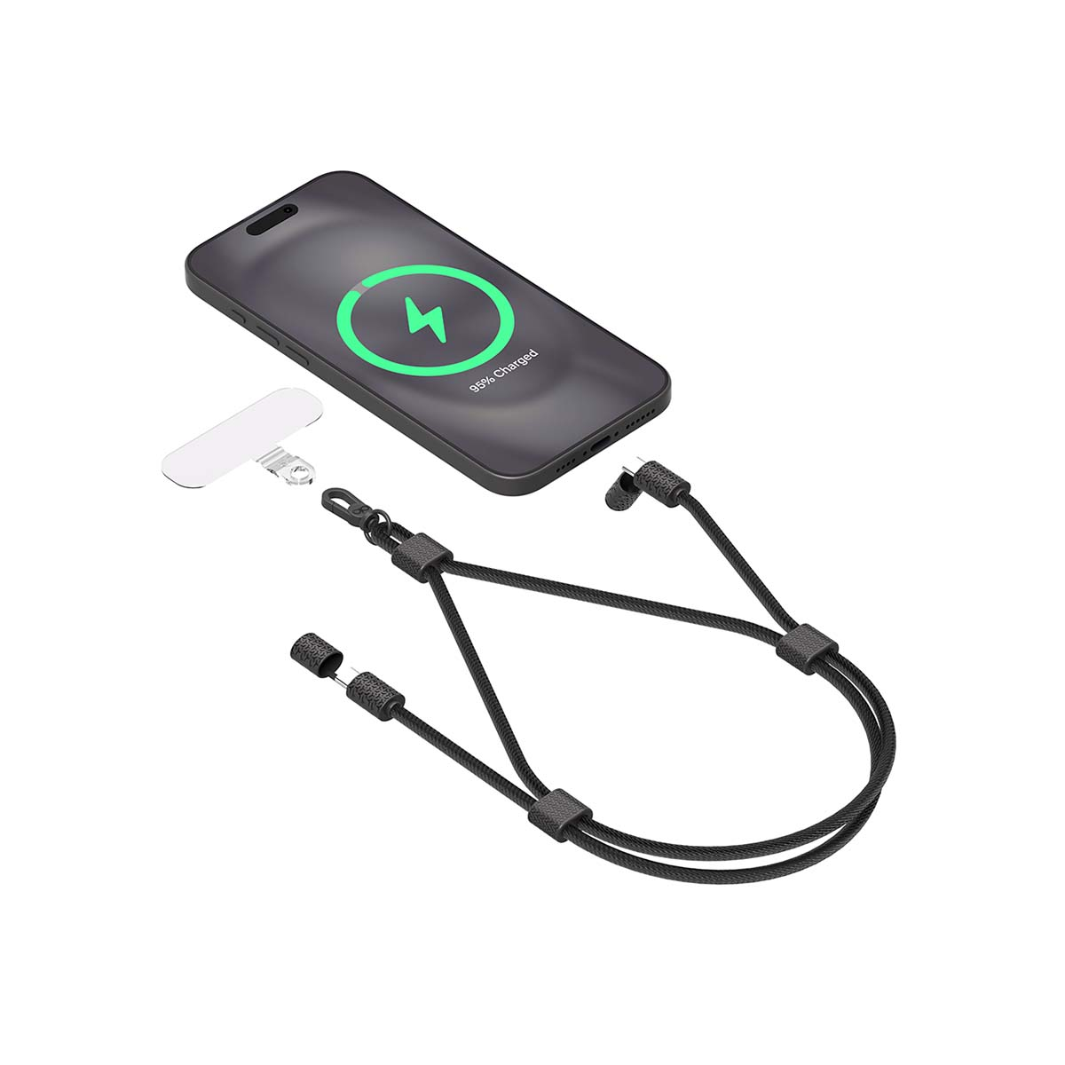 Uno smartphone nero al 95% di carica e un accessorio con laccetto nero.