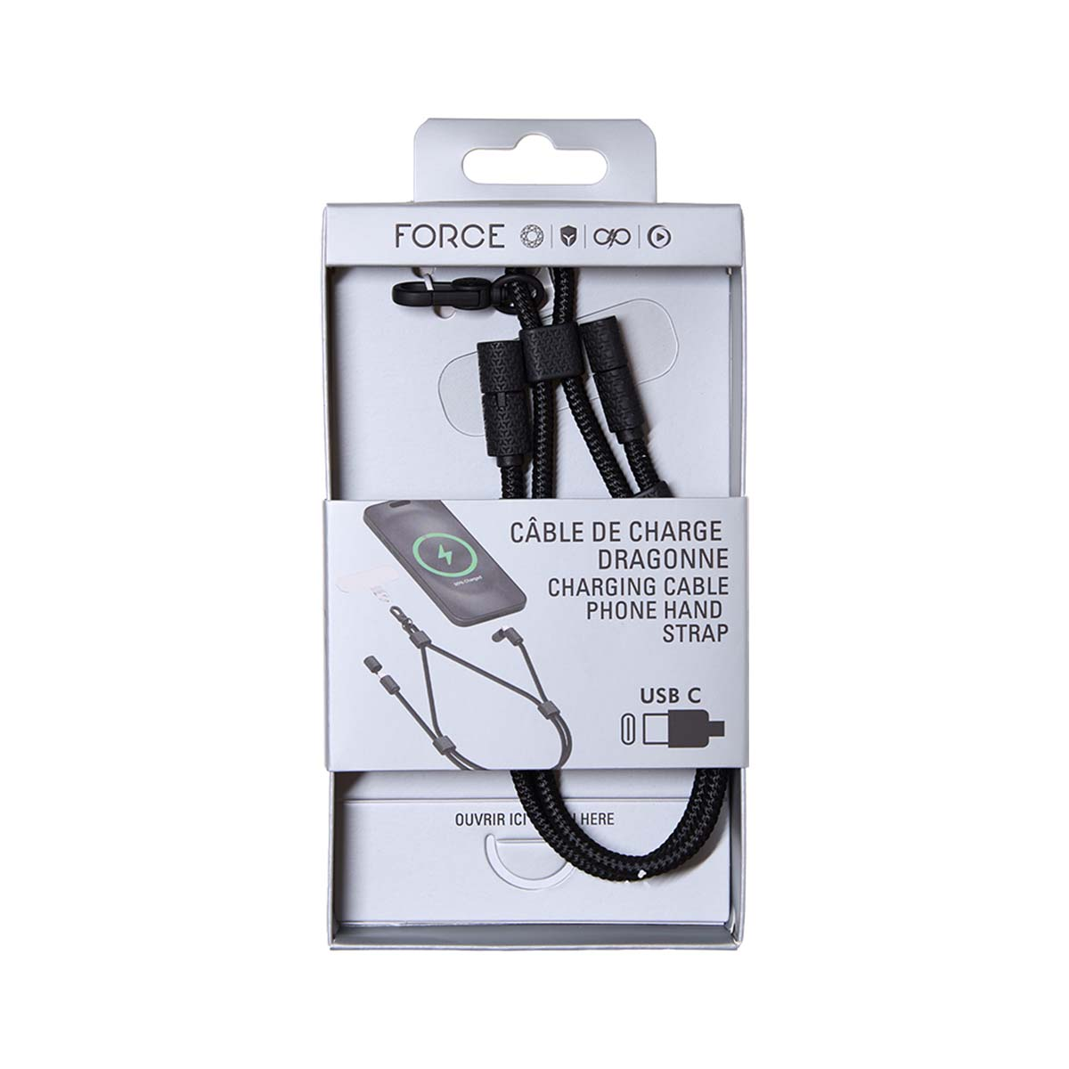 Scatola con cavo di ricarica, laccio e connettore USB-C. Testo: FORCE.