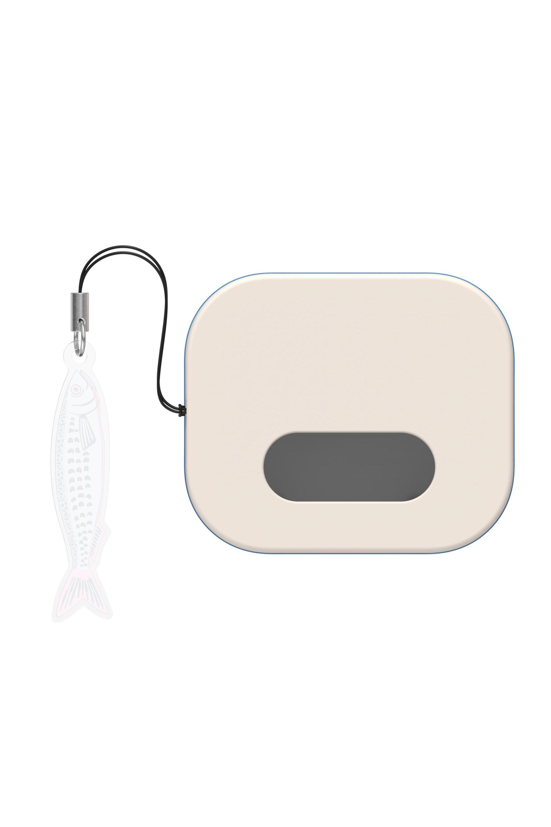 Ein Anhänger in Fischform hängt an einem schwarzen Band neben einem cremefarbenen Rechteck mit einem grauen Schlitz.