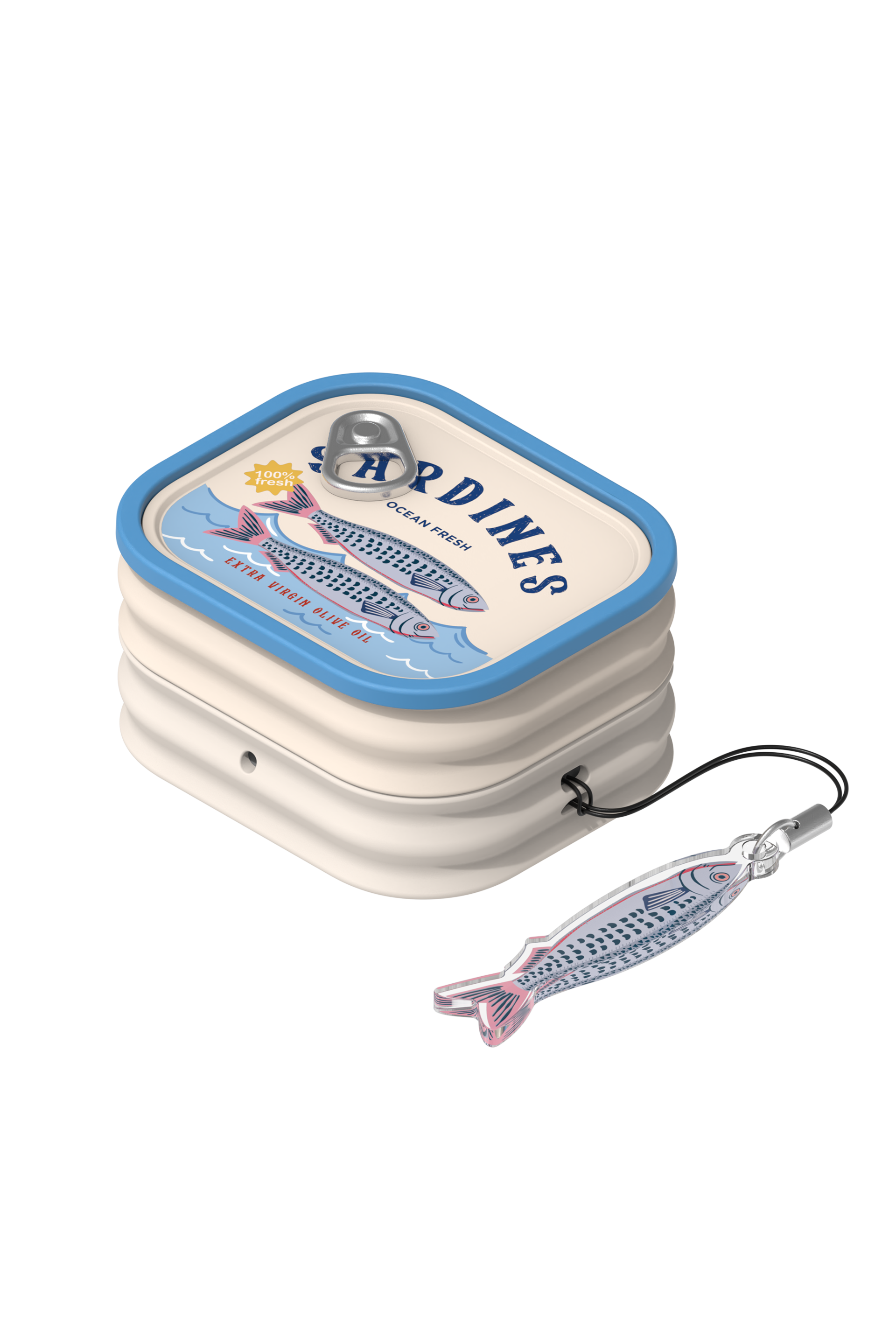 Eine Sardinendose mit Fischdesign und Schlüsselanhänger.