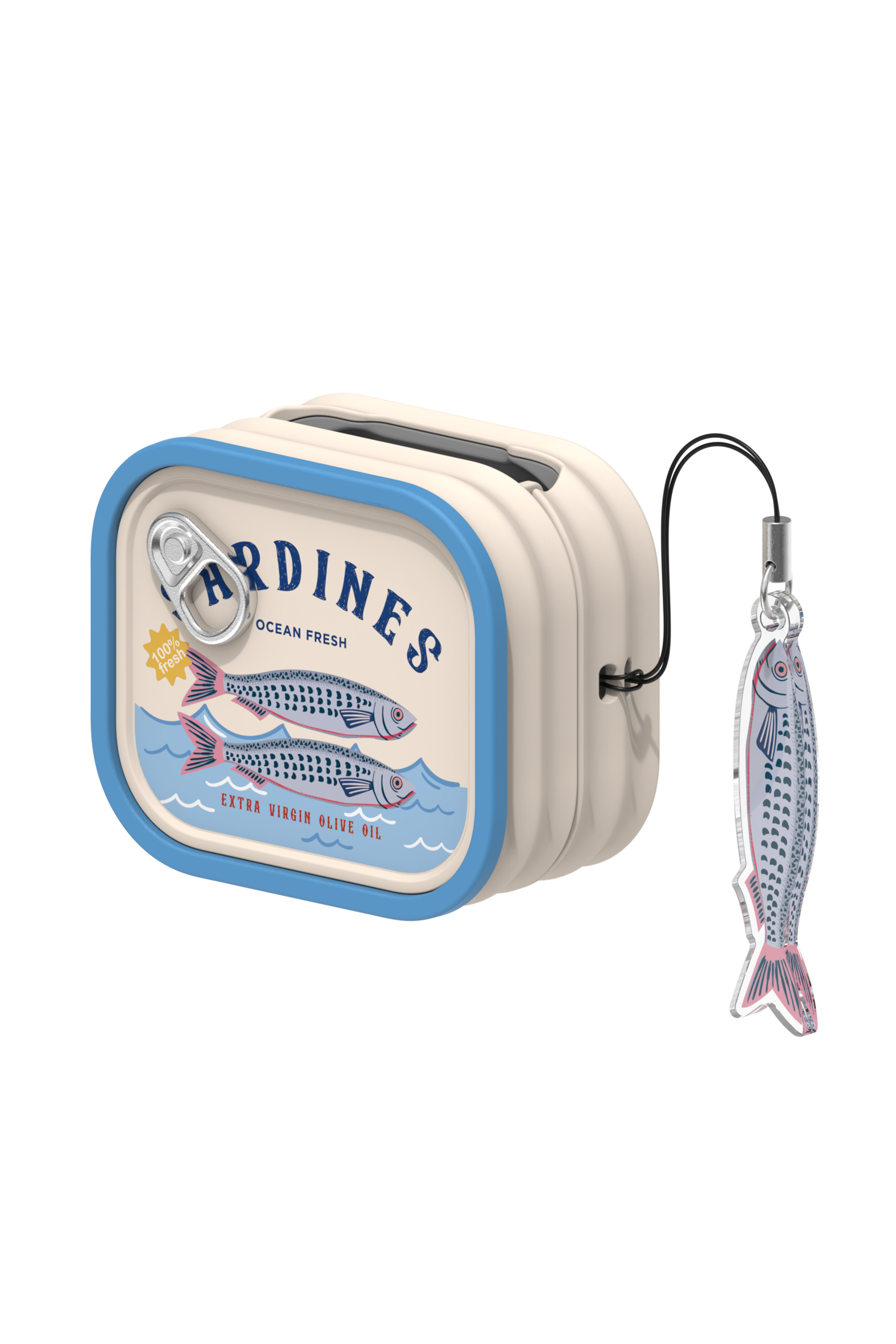 Eine Sardinendose mit Fisch-Anhänger, auf schwarzem Hintergrund.