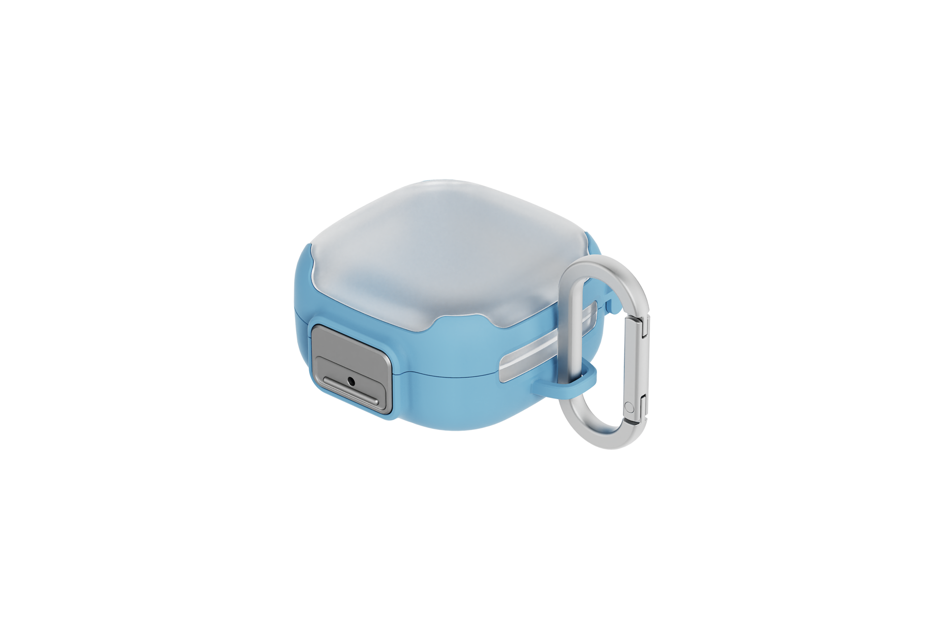 Ein hellblaues Etui mit einem silbernen Karabinerclip an der Seite.