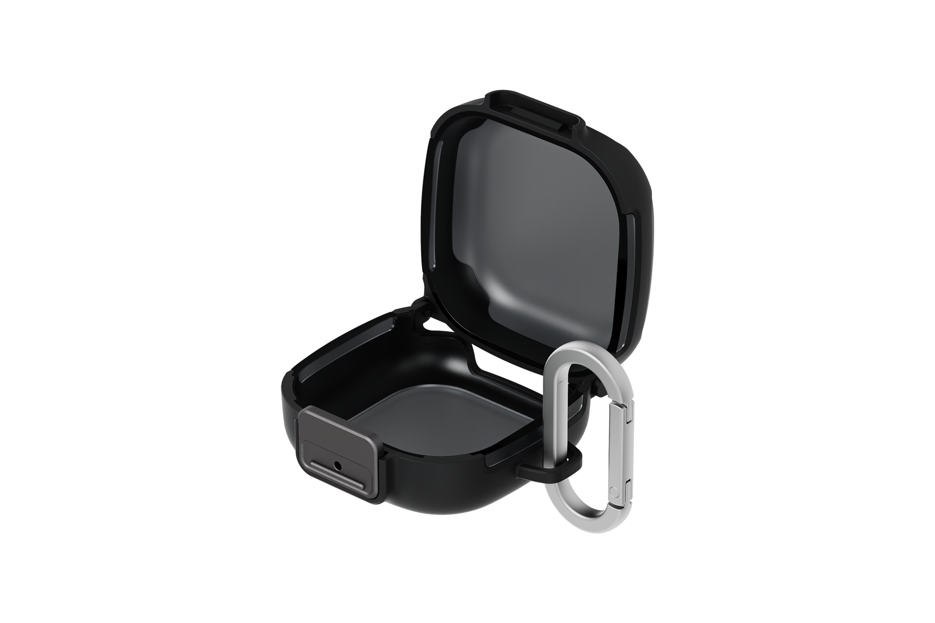Schwarzes Etui mit silbernem Karabiner und offenem Deckel.