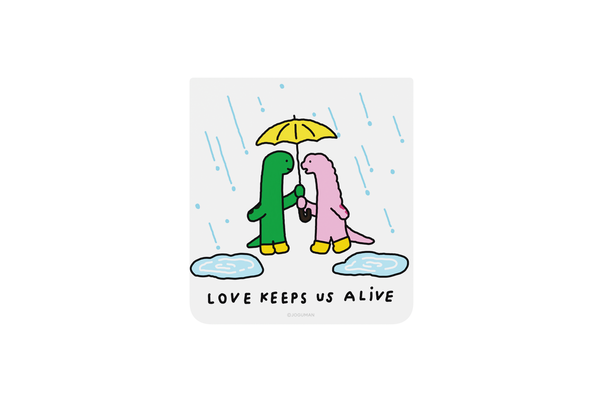Zwei Dinosaurier unter einem Regenschirm im Regen. Text: LIEBE HÄLT UNS AM LEBEN.