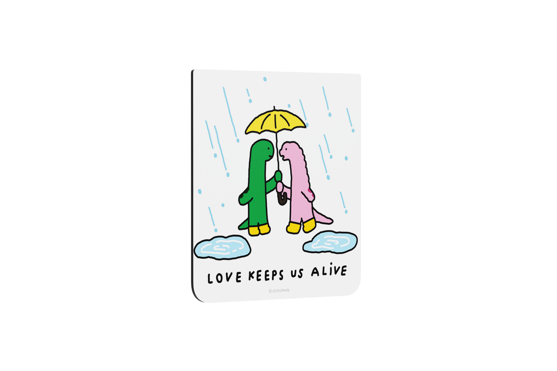 Zwei Dinosaurier unter einem Regenschirm im Regen