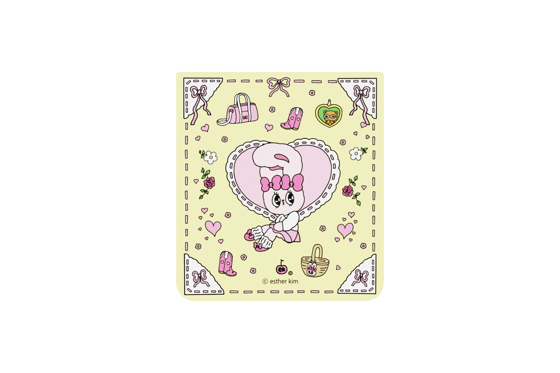 Ein rosa Hase sitzt in einem Herzrahmen, umgeben von Accessoires wie Stiefeln und einer Tasche.