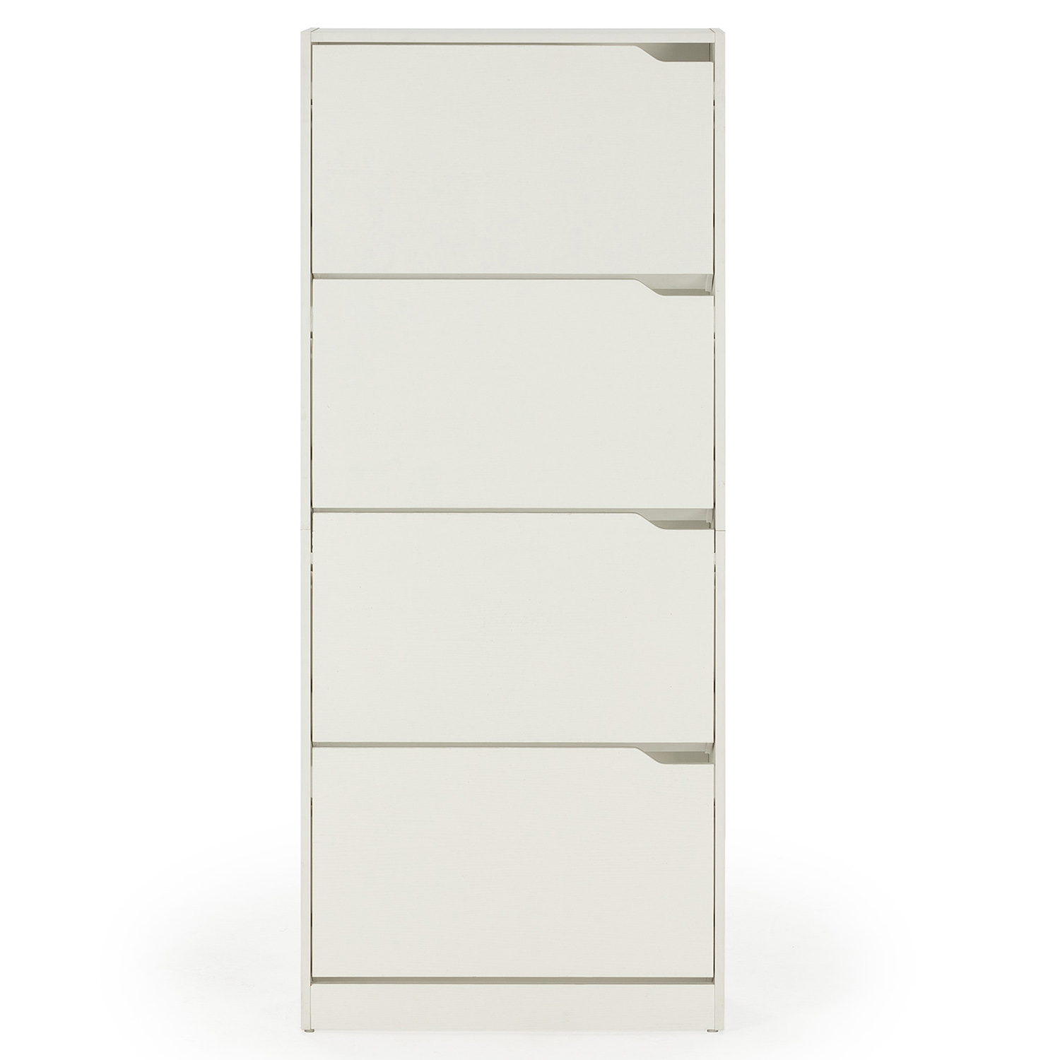 Mueble blanco y estrecho con cuatro cajones sobre fondo blanco.