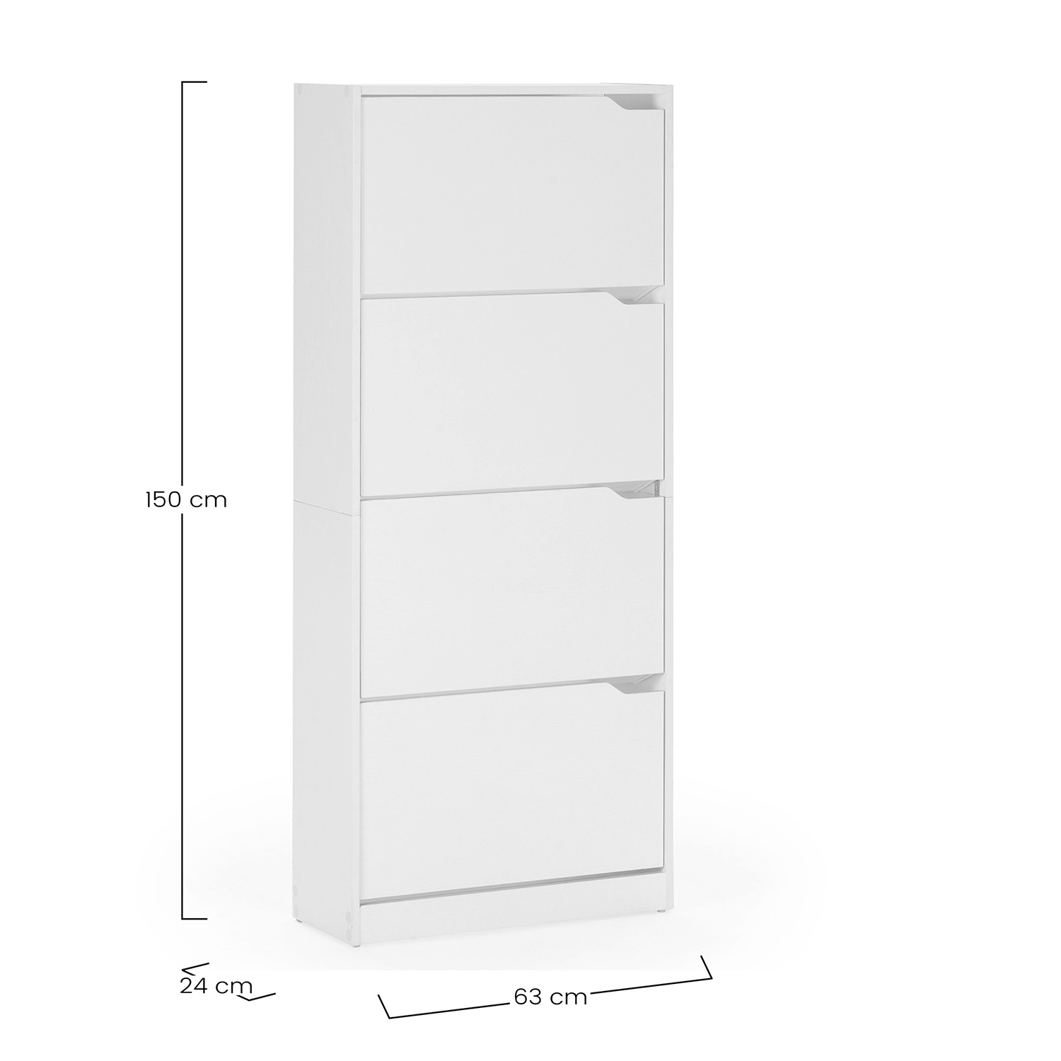 Armario blanco estrecho para zapatos con cuatro puertas abatibles. Mide 150x63x24 cm.