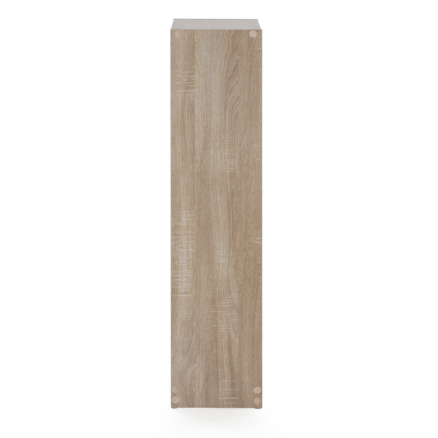 Un armario de madera estrecho y alto con veta de madera clara sobre fondo blanco.
